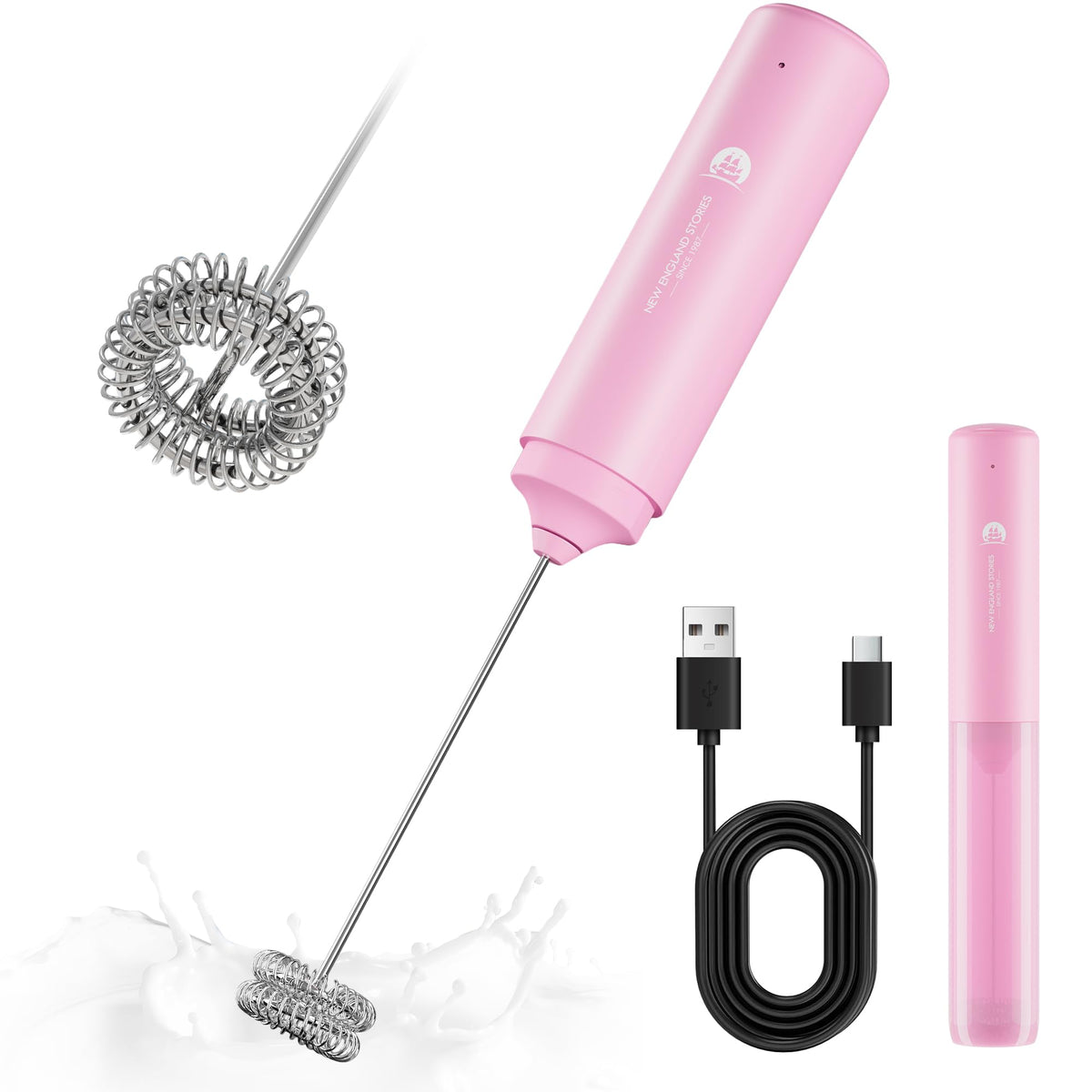 Rechargeable Milk Frother Handheld, 2-IN-1 Dual Spring Whisk Electric Frother Wand for Cappuccino Latte Macchiato, Portable Drink Mixer for Coffee, Matcha, Hot Chocolate