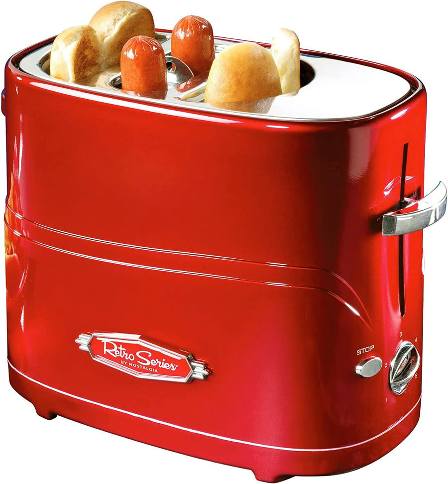 Nostalgia 2 Slot Hot Dog and Bun Toaster with Mini Tongs, Retro Hot Dog Toaster, Hot Dog Cooker that Works with Chicken, Turkey, Veggie Links, Sausages and Brats, Metallic Red
