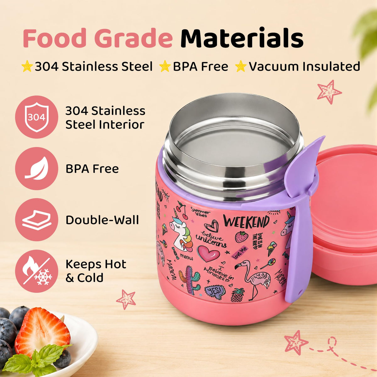 10oz Soup Thermo for Hot Food Kids Insulated Food Jar,Thermo Hot Food Lunch Container, Width Mouth Stainless Steel Lunch Box for Kids with Spoon (Black)