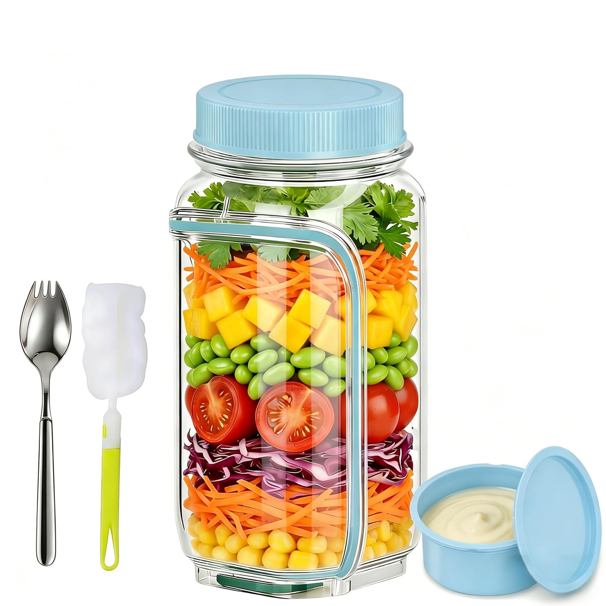 35oz Side Opening Mason Salad Jar | 1000ml Leakproof Portable Salad Container with Dressing Cup, Spoon & Brush | Ideal for Meal Prep, Gym, Office, Picnic & Travel (Red-Orange)