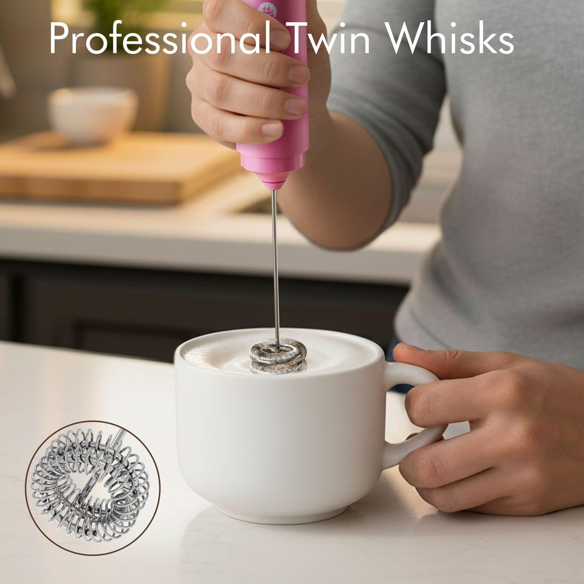 Rechargeable Milk Frother Handheld, 2-IN-1 Dual Spring Whisk Electric Frother Wand for Cappuccino Latte Macchiato, Portable Drink Mixer for Coffee, Matcha, Hot Chocolate