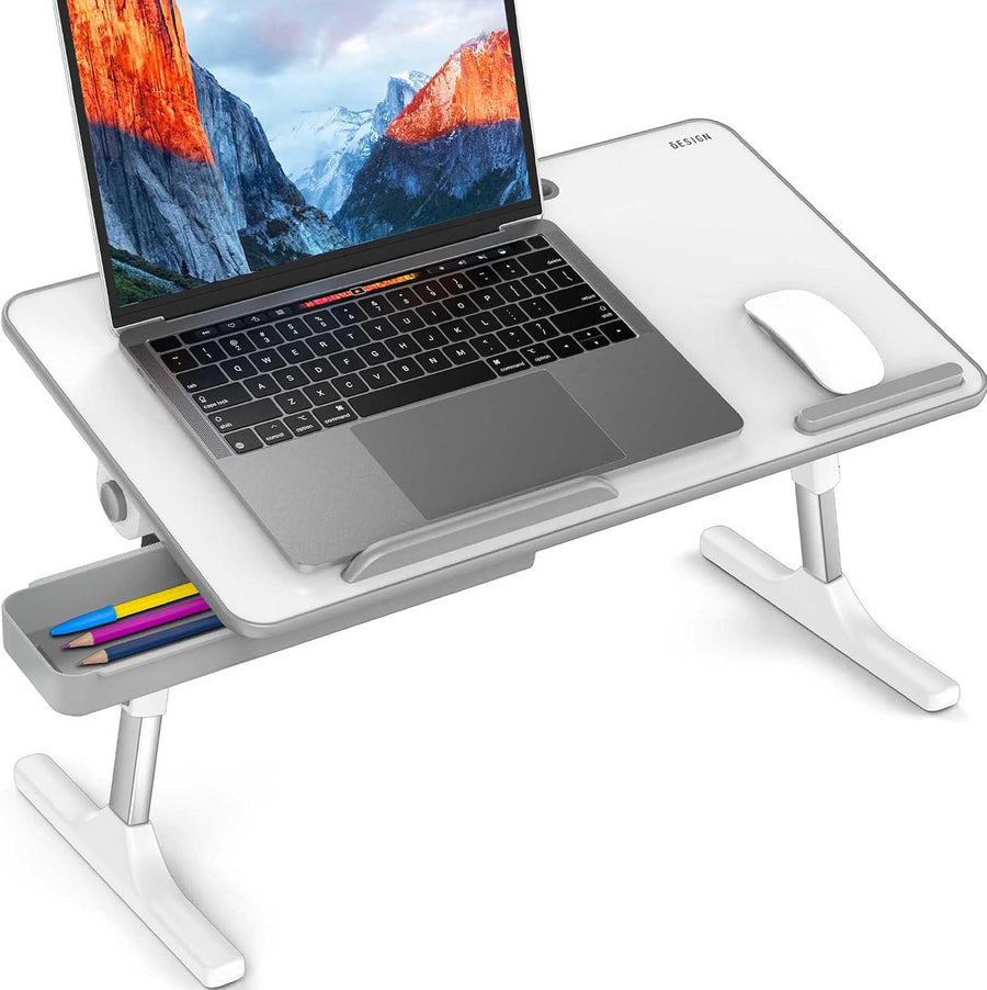 LT05 Adjustable Laptop Table, Lap Desk, Portable Standing Bed Desk, Foldable Sofa Breakfast Tray, Notebook Computer Stand for Reading and Writing, Medium Size, White