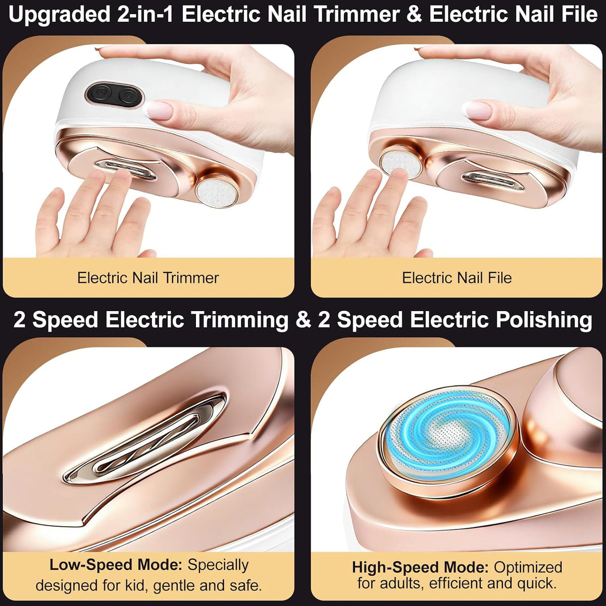 Electric Nail Clipper, 3 In1 Baby Nail Trimmer Electric, Smart Easy Nail Clipper with LED Light & Nail Clip for People Adults, Seniors, Women, Men and Kids (White)