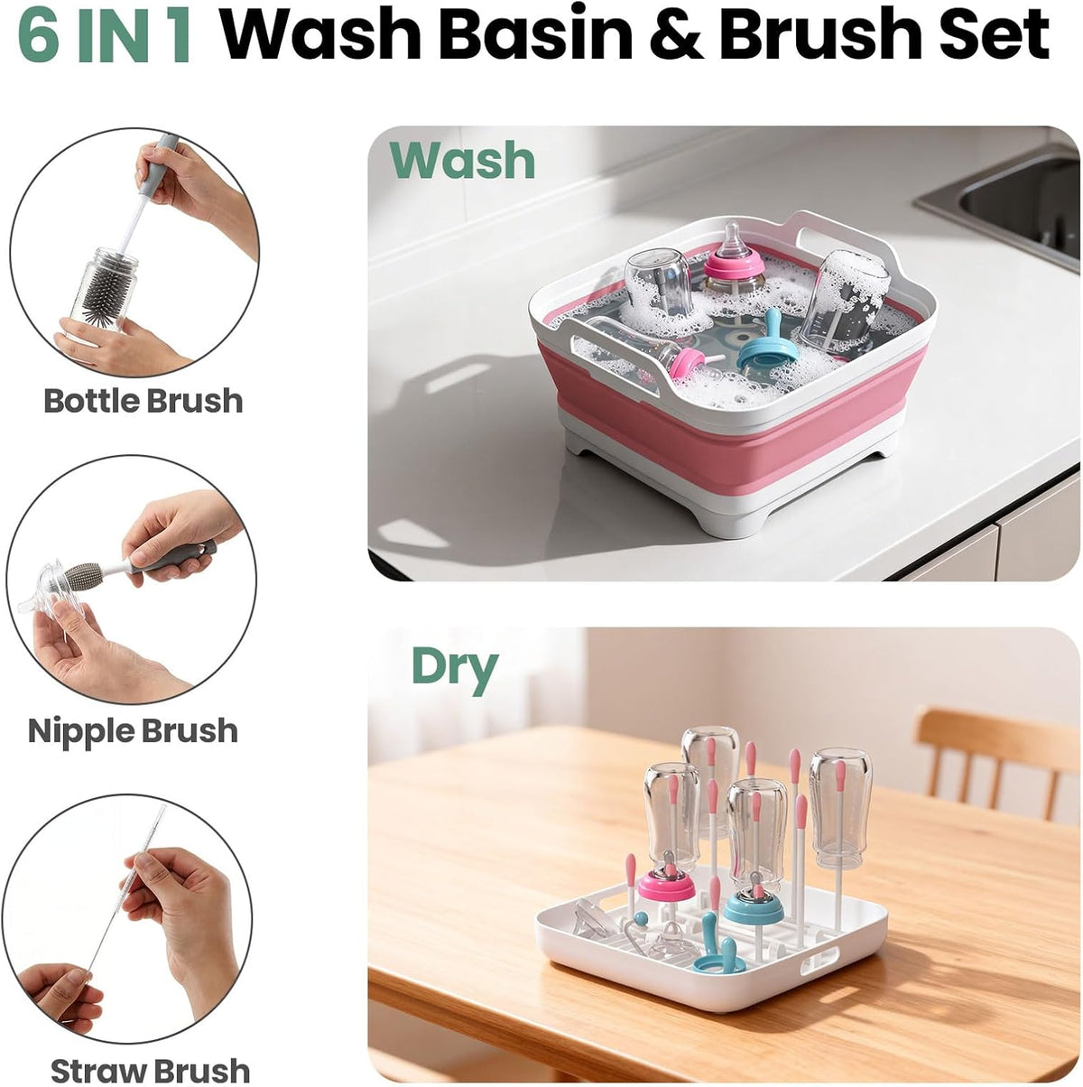 Collapsible Wash Basin with Drying Rack & Drain Plug (Pink)