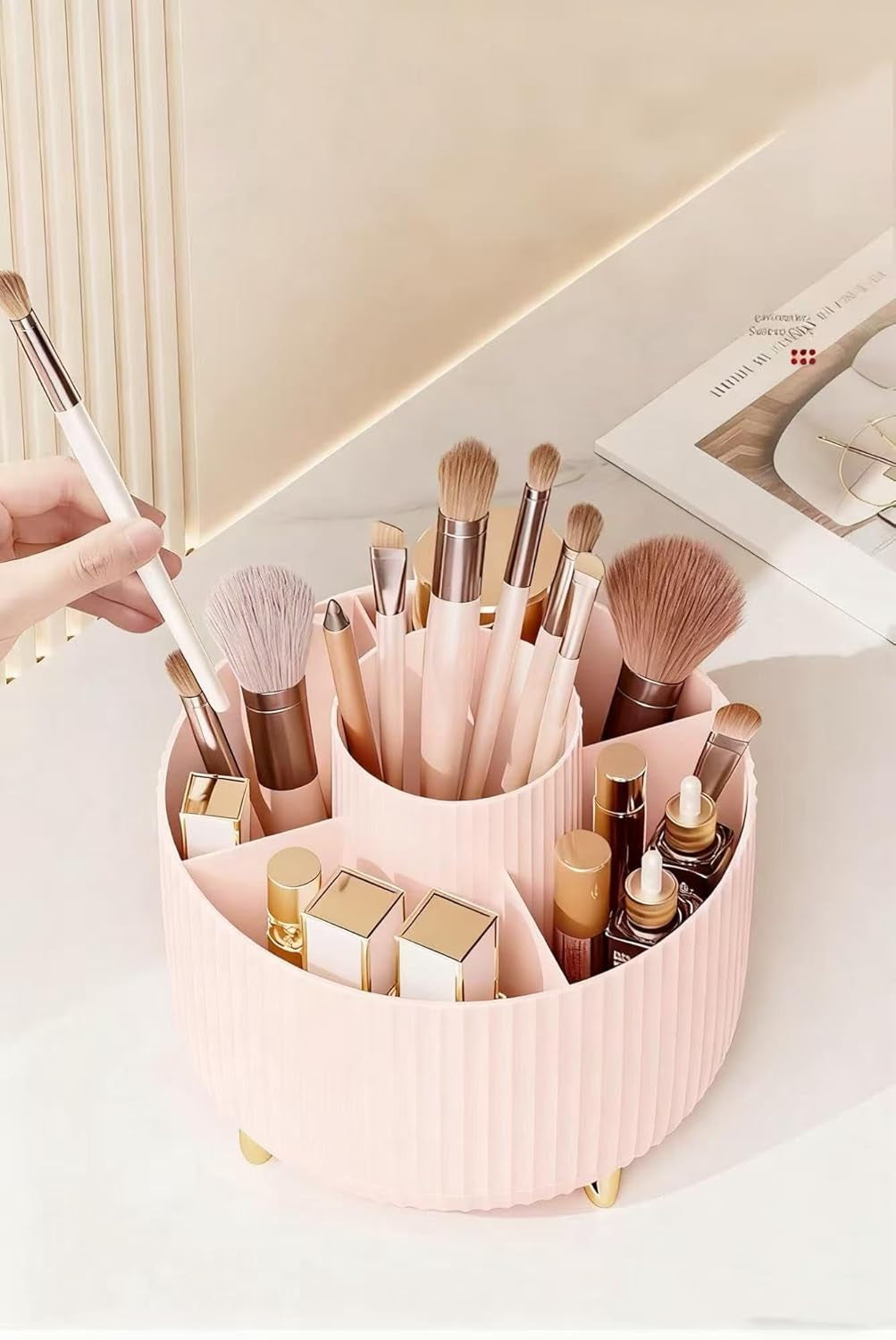 360 Degree Rotating Desktop Organizer,Makeup Brushes,Pencils,Desktop Stationery Storage Rotating Rack,Premium Plastic Organizer for Office,School and Home (Pink)
