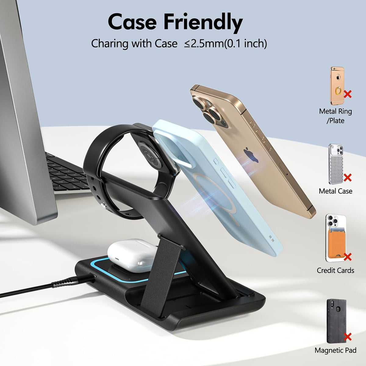 3 in 1 Wireless Charger Charging Station, Wireless Charger Stand for Iphone17 16 15 14 Pro Max 13 12 11,Charging Dock for Airpods 4 3 2 Pro, Apple Watch 11/10/9/Ultra/8/Se/7/6/5/4/3