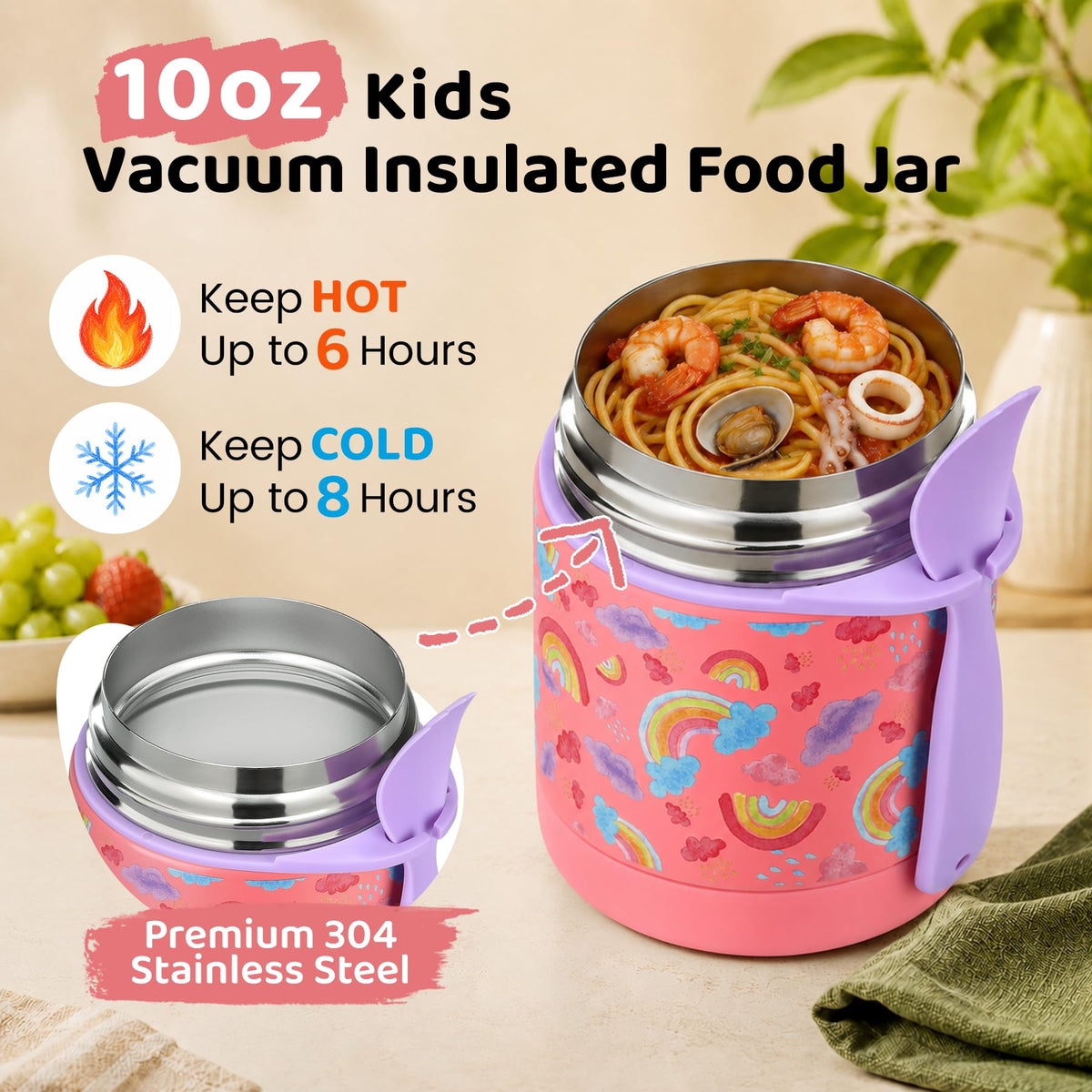 10oz Soup Thermo for Hot Food Kids Insulated Food Jar,Thermo Hot Food Lunch Container, Width Mouth Stainless Steel Lunch Box for Kids with Spoon (Black)