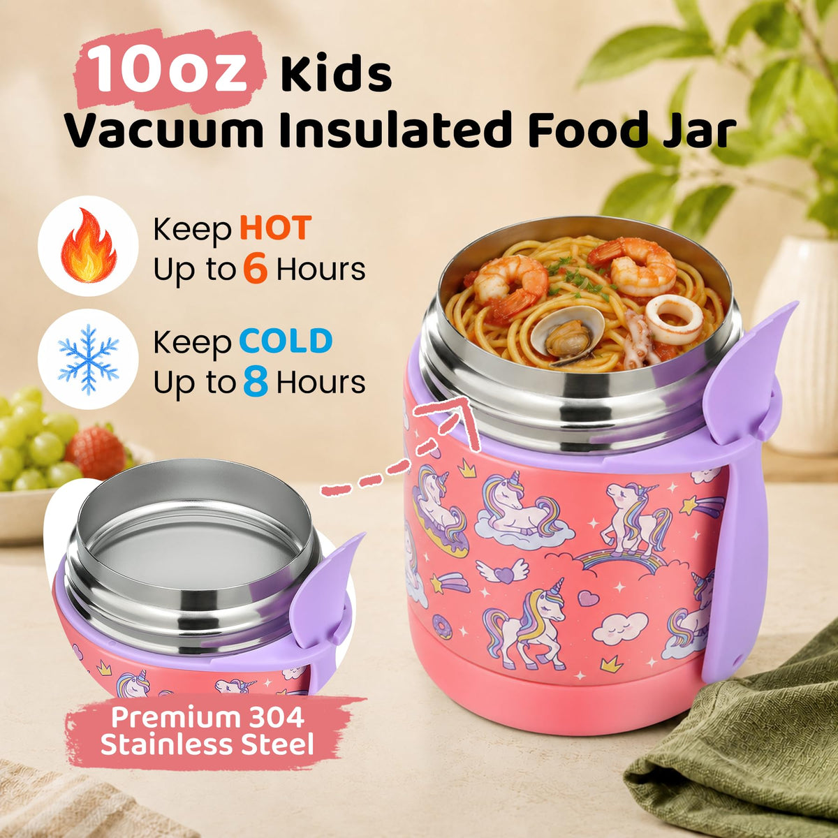 10oz Soup Thermo for Hot Food Kids Insulated Food Jar,Thermo Hot Food Lunch Container, Width Mouth Stainless Steel Lunch Box for Kids with Spoon (Black)
