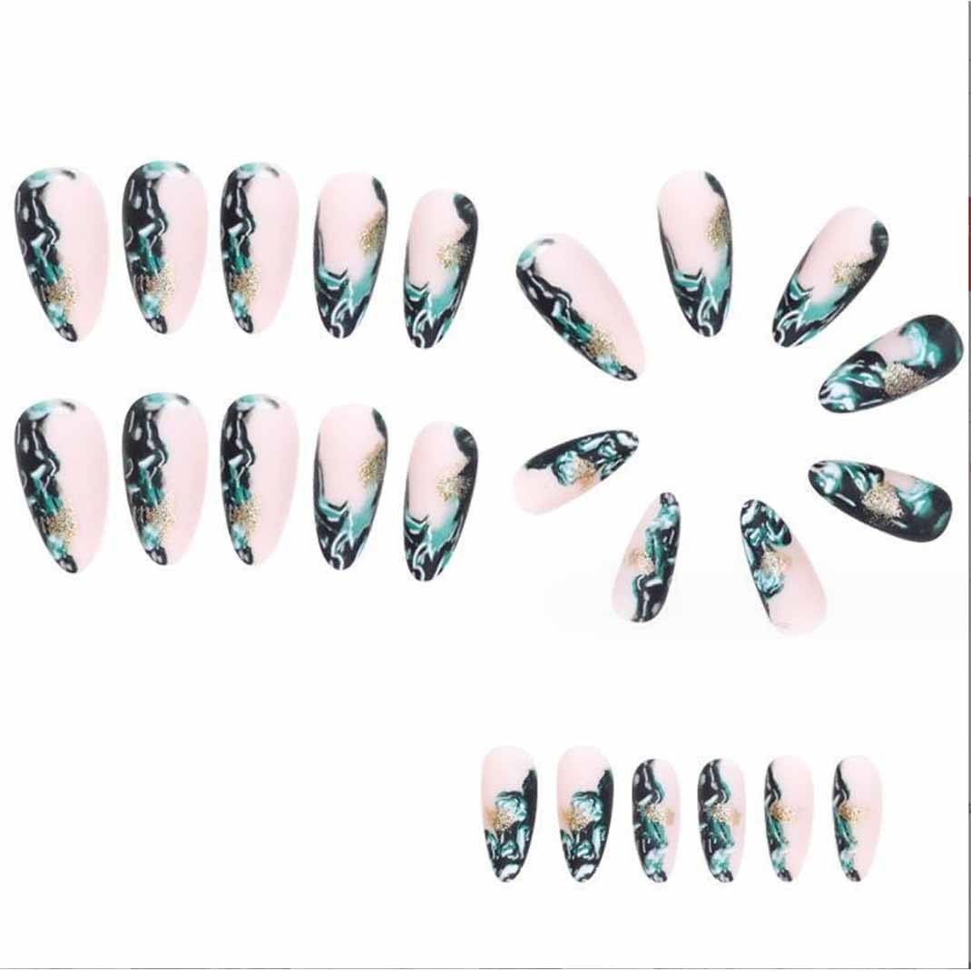 Almond Press Nails - Medium Fake Nails, Nude & Black, Glossy Stick On, Full Cover, 24 Pcs/Set