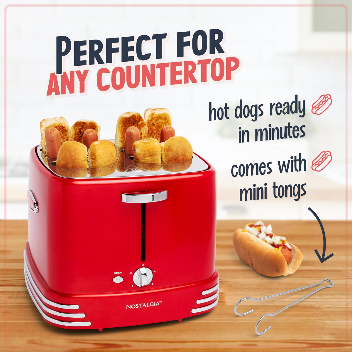 Nostalgia 2 Slot Hot Dog and Bun Toaster with Mini Tongs, Retro Hot Dog Toaster, Hot Dog Cooker that Works with Chicken, Turkey, Veggie Links, Sausages and Brats, Metallic Red