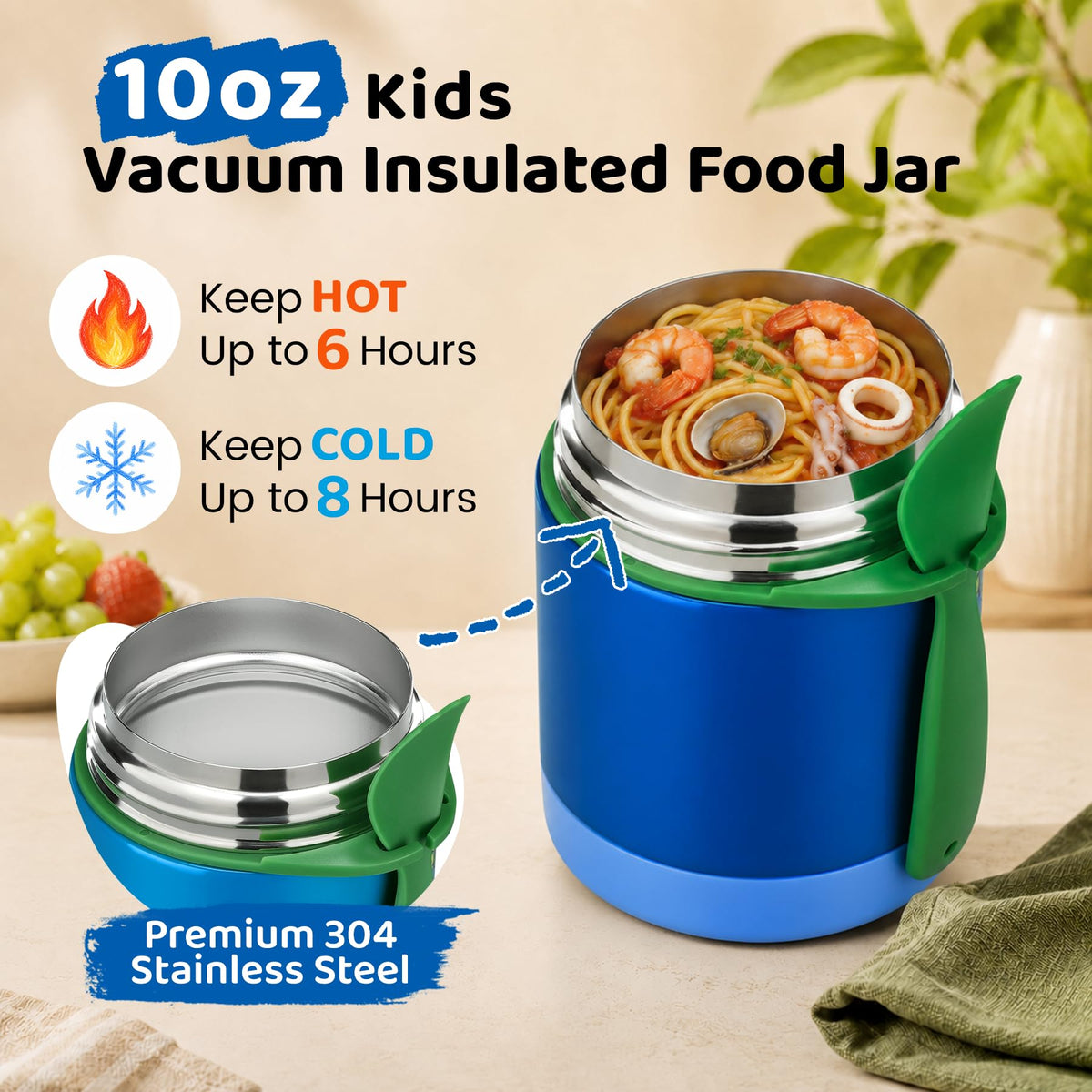 10oz Soup Thermo for Hot Food Kids Insulated Food Jar,Thermo Hot Food Lunch Container, Width Mouth Stainless Steel Lunch Box for Kids with Spoon (Black)