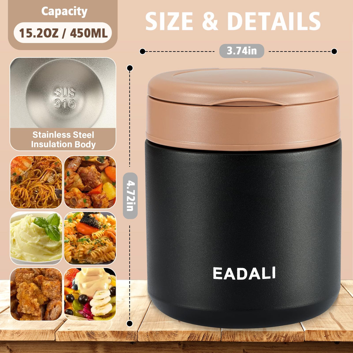 Eadali 15.2oz Kids Food Jar for Hot Food – Vacuum Insulated Lunch Container with 316 Stainless Steel Interior, Leakproof Wide Mouth & Foldable Spoon for School Meals
