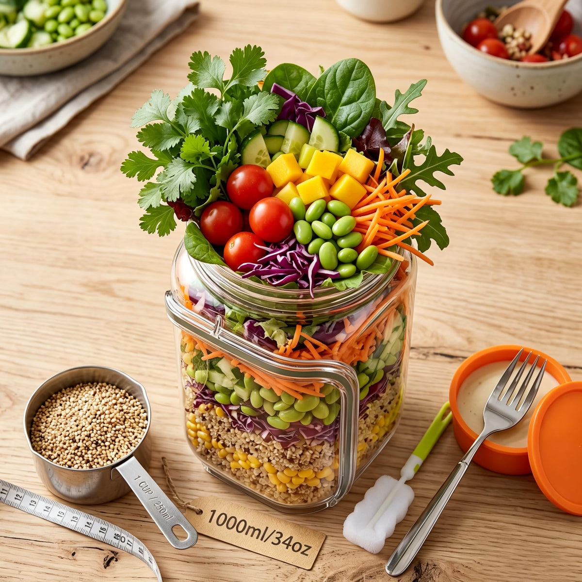 35oz Side Opening Mason Salad Jar | 1000ml Leakproof Portable Salad Container with Dressing Cup, Spoon & Brush | Ideal for Meal Prep, Gym, Office, Picnic & Travel (Red-Orange)
