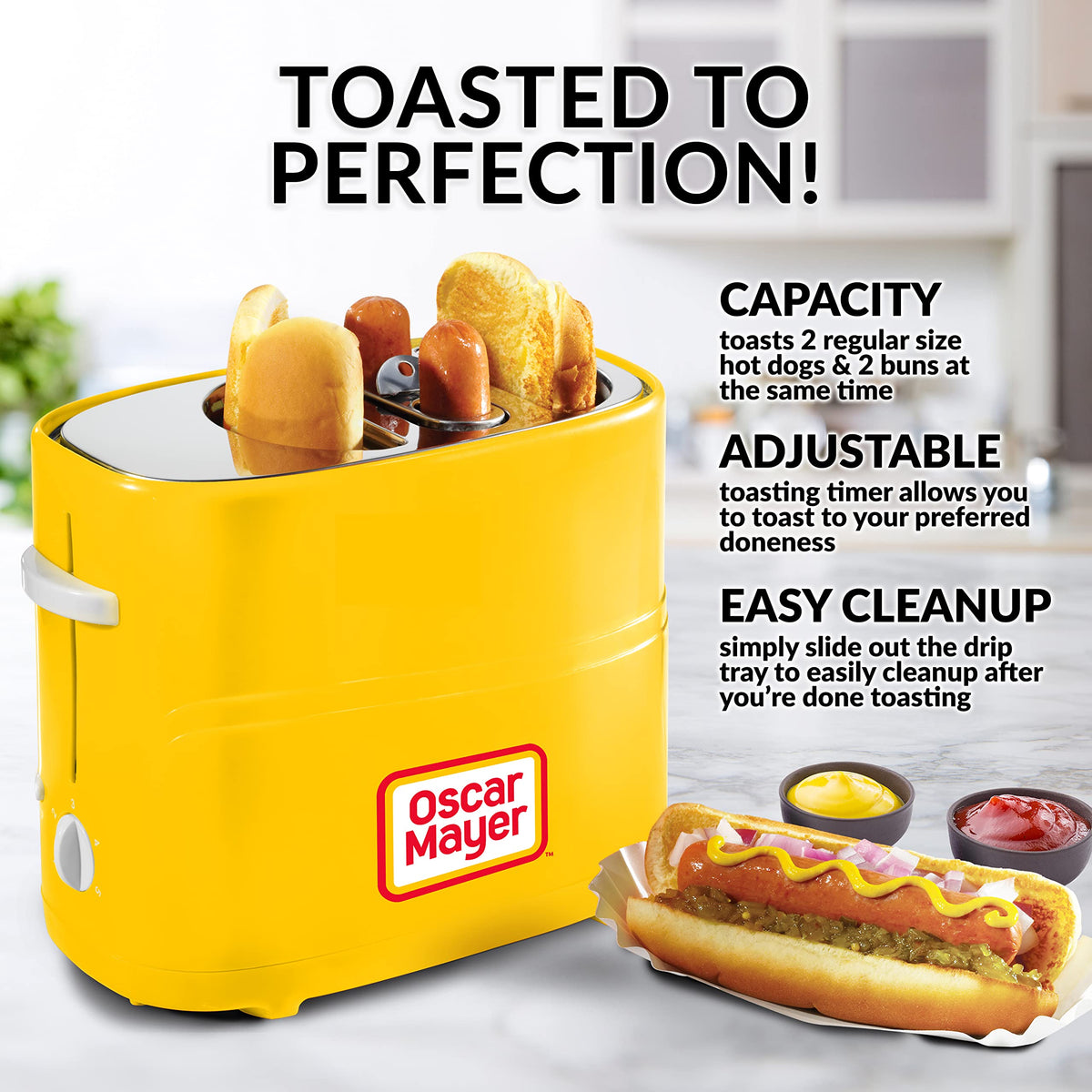 Nostalgia 2 Slot Hot Dog and Bun Toaster with Mini Tongs, Retro Hot Dog Toaster, Hot Dog Cooker that Works with Chicken, Turkey, Veggie Links, Sausages and Brats, Metallic Red