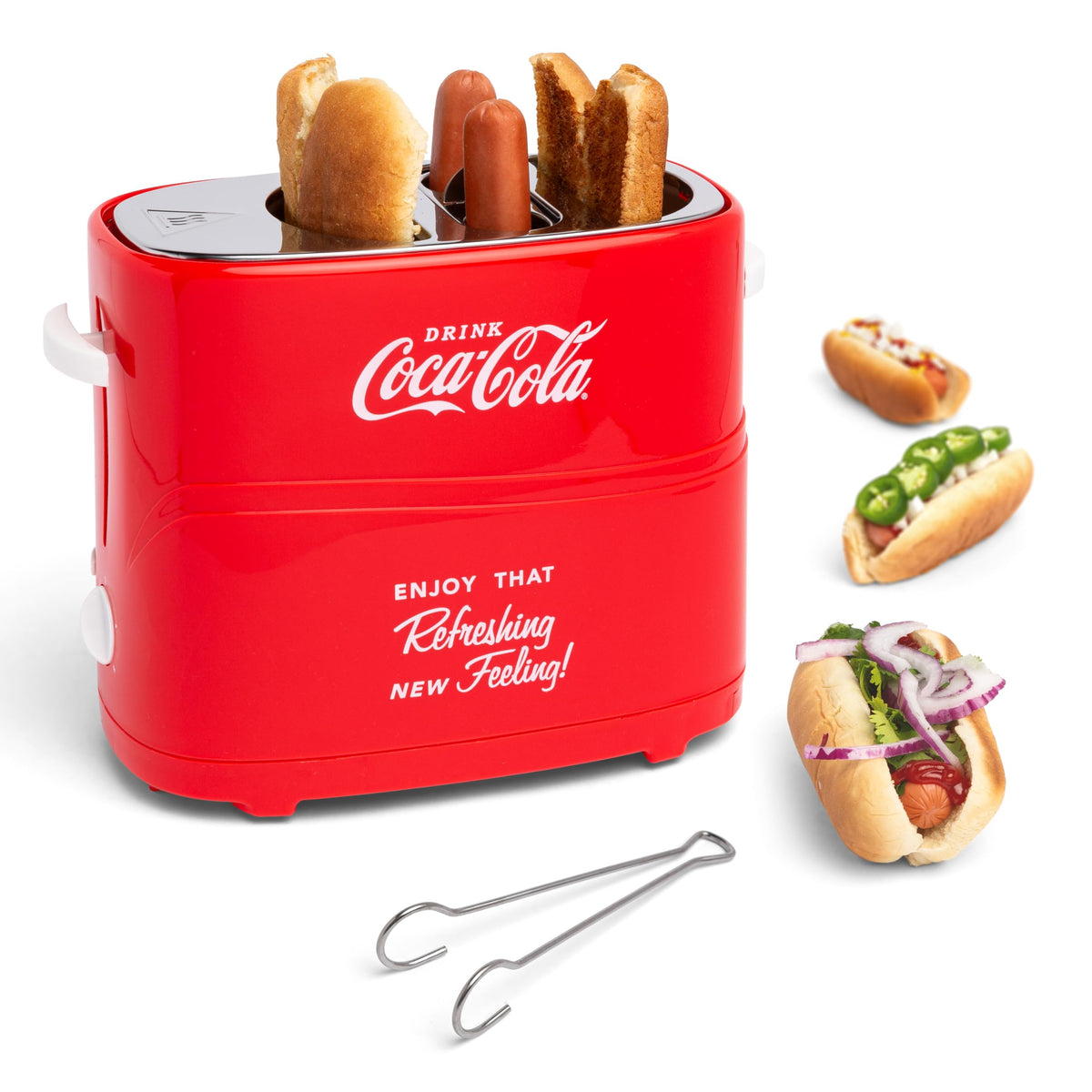 Nostalgia 2 Slot Hot Dog and Bun Toaster with Mini Tongs, Retro Hot Dog Toaster, Hot Dog Cooker that Works with Chicken, Turkey, Veggie Links, Sausages and Brats, Metallic Red