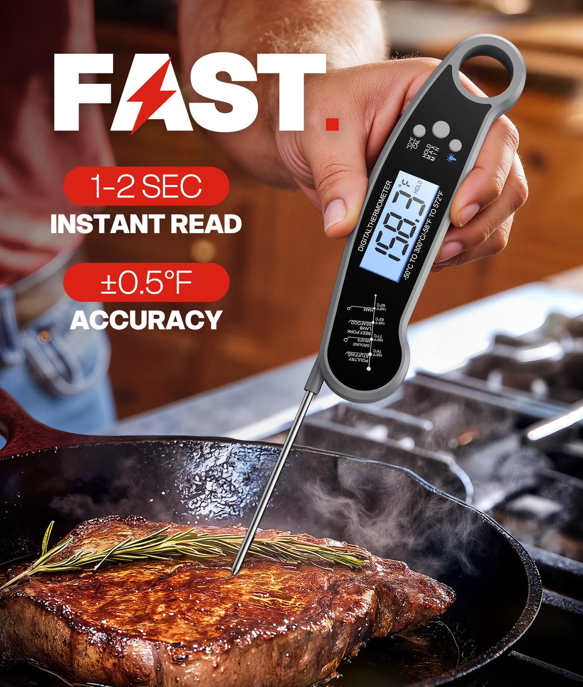 Meat Thermometer Digital, 1-2 Sec Instant Read, Grilling, Cooking, Food