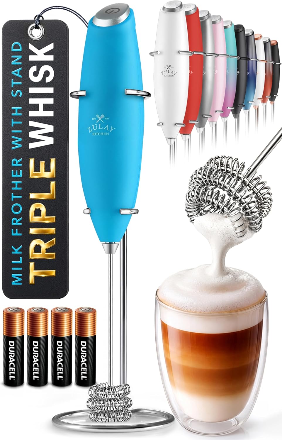 Zulay Kitchen Milk Frother Handheld Electric Whisk – Frother Wand, Durable Drink Mixer, Coffee Frother, Hand Blender, Frother for Protein Powder, Matcha & More - Black