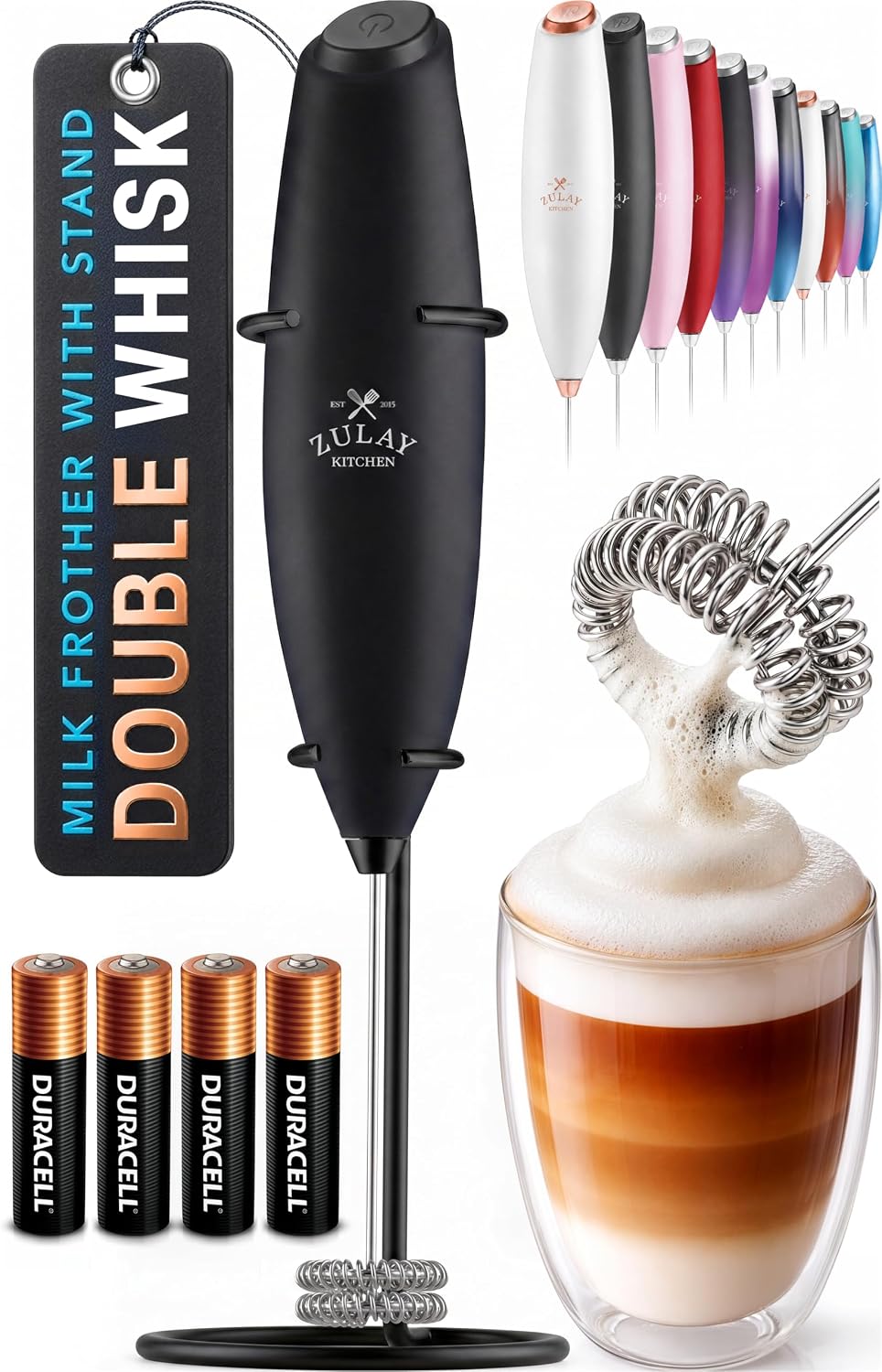 Zulay Kitchen Milk Frother Handheld Electric Whisk – Frother Wand, Durable Drink Mixer, Coffee Frother, Hand Blender, Frother for Protein Powder, Matcha & More - Black