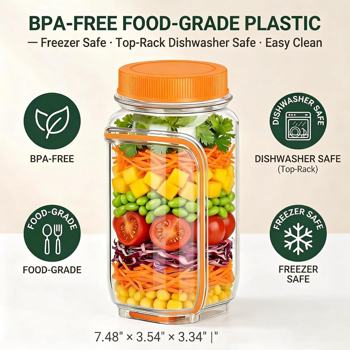 35oz Side Opening Mason Salad Jar | 1000ml Leakproof Portable Salad Container with Dressing Cup, Spoon & Brush | Ideal for Meal Prep, Gym, Office, Picnic & Travel (Red-Orange)