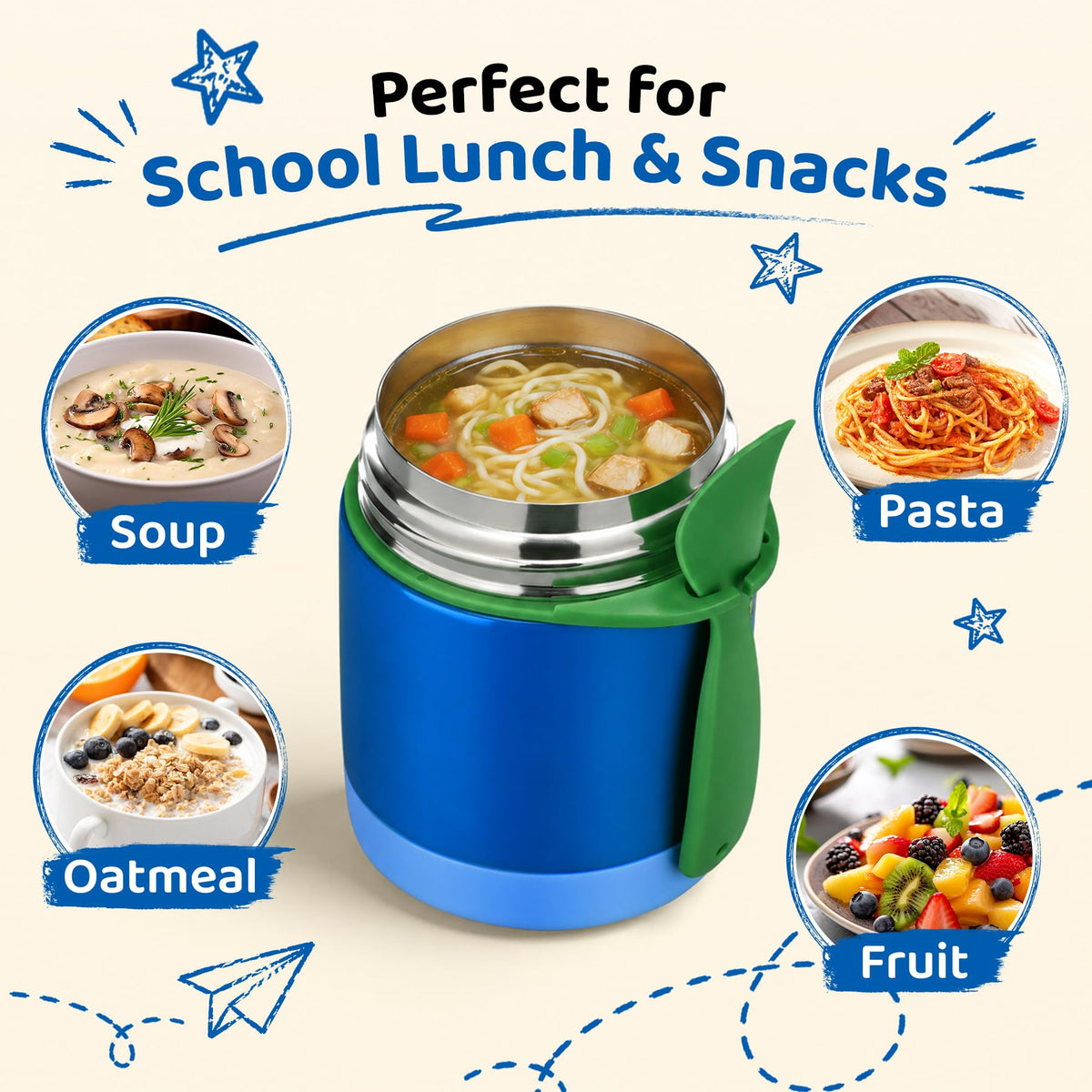 10oz Soup Thermo for Hot Food Kids Insulated Food Jar,Thermo Hot Food Lunch Container, Width Mouth Stainless Steel Lunch Box for Kids with Spoon (Black)