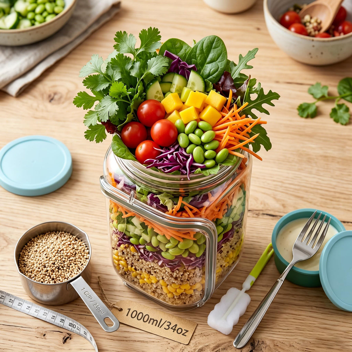 35oz Side Opening Mason Salad Jar | 1000ml Leakproof Portable Salad Container with Dressing Cup, Spoon & Brush | Ideal for Meal Prep, Gym, Office, Picnic & Travel (Red-Orange)