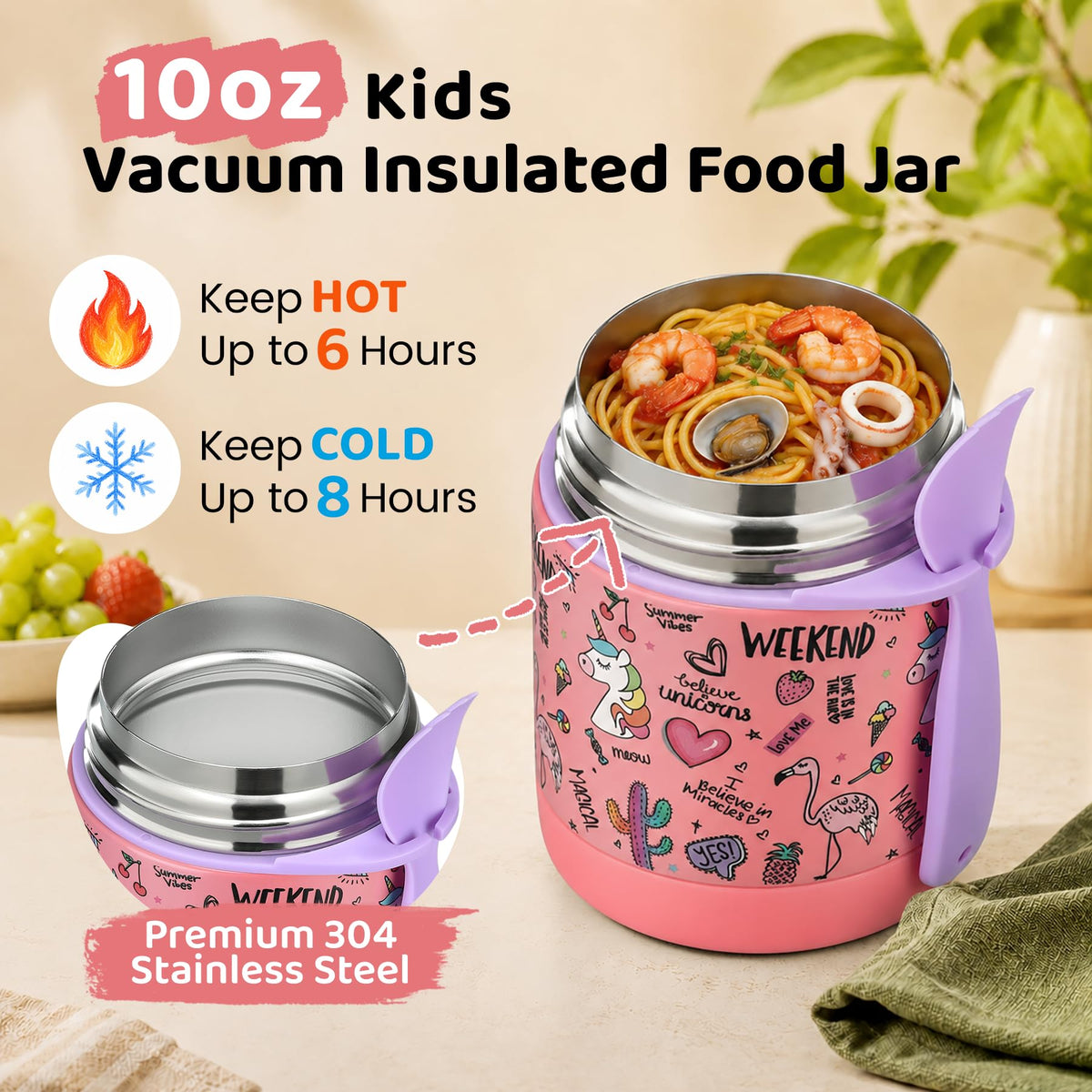 10oz Soup Thermo for Hot Food Kids Insulated Food Jar,Thermo Hot Food Lunch Container, Width Mouth Stainless Steel Lunch Box for Kids with Spoon (Black)