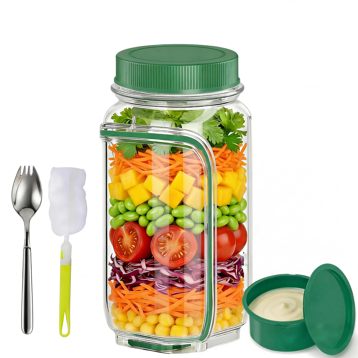 35oz Side Opening Mason Salad Jar | 1000ml Leakproof Portable Salad Container with Dressing Cup, Spoon & Brush | Ideal for Meal Prep, Gym, Office, Picnic & Travel (Red-Orange)