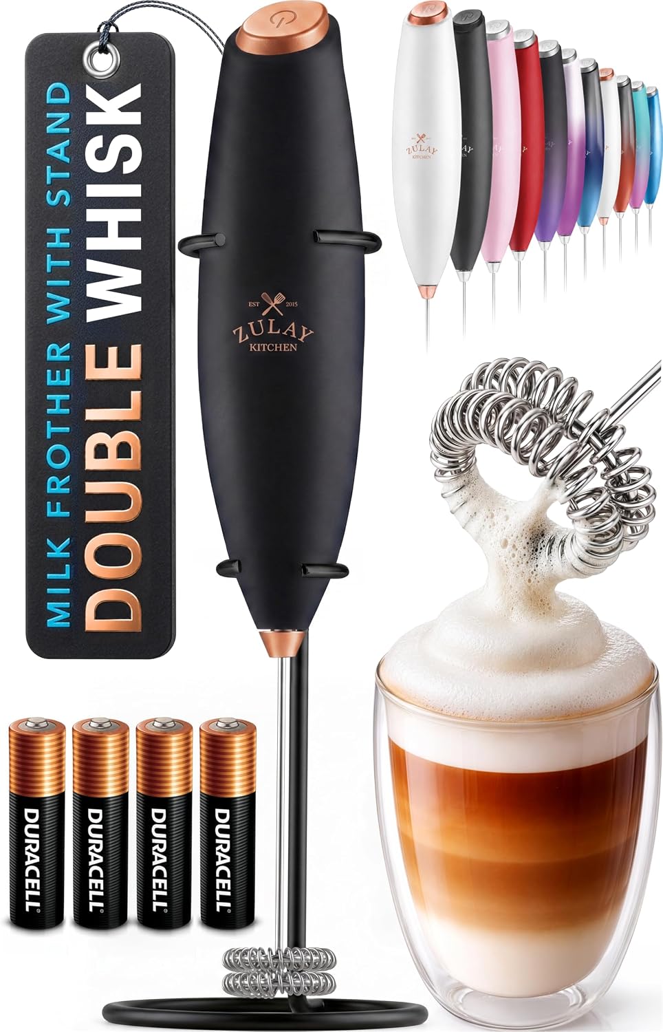 Zulay Kitchen Milk Frother Handheld Electric Whisk – Frother Wand, Durable Drink Mixer, Coffee Frother, Hand Blender, Frother for Protein Powder, Matcha & More - Black