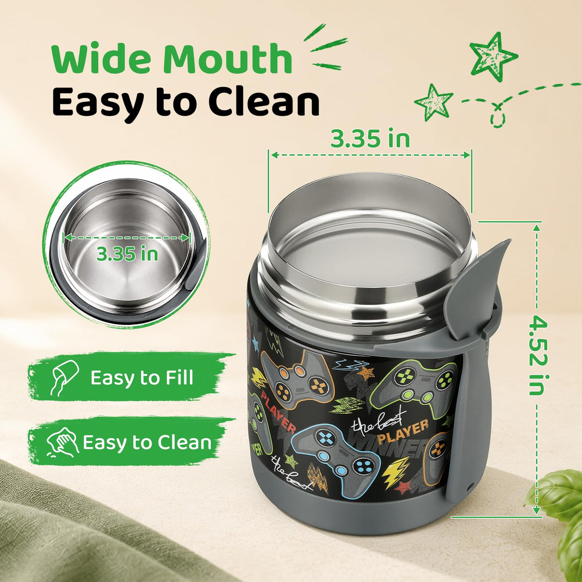 10oz Soup Thermo for Hot Food Kids Insulated Food Jar,Thermo Hot Food Lunch Container, Width Mouth Stainless Steel Lunch Box for Kids with Spoon (Black)