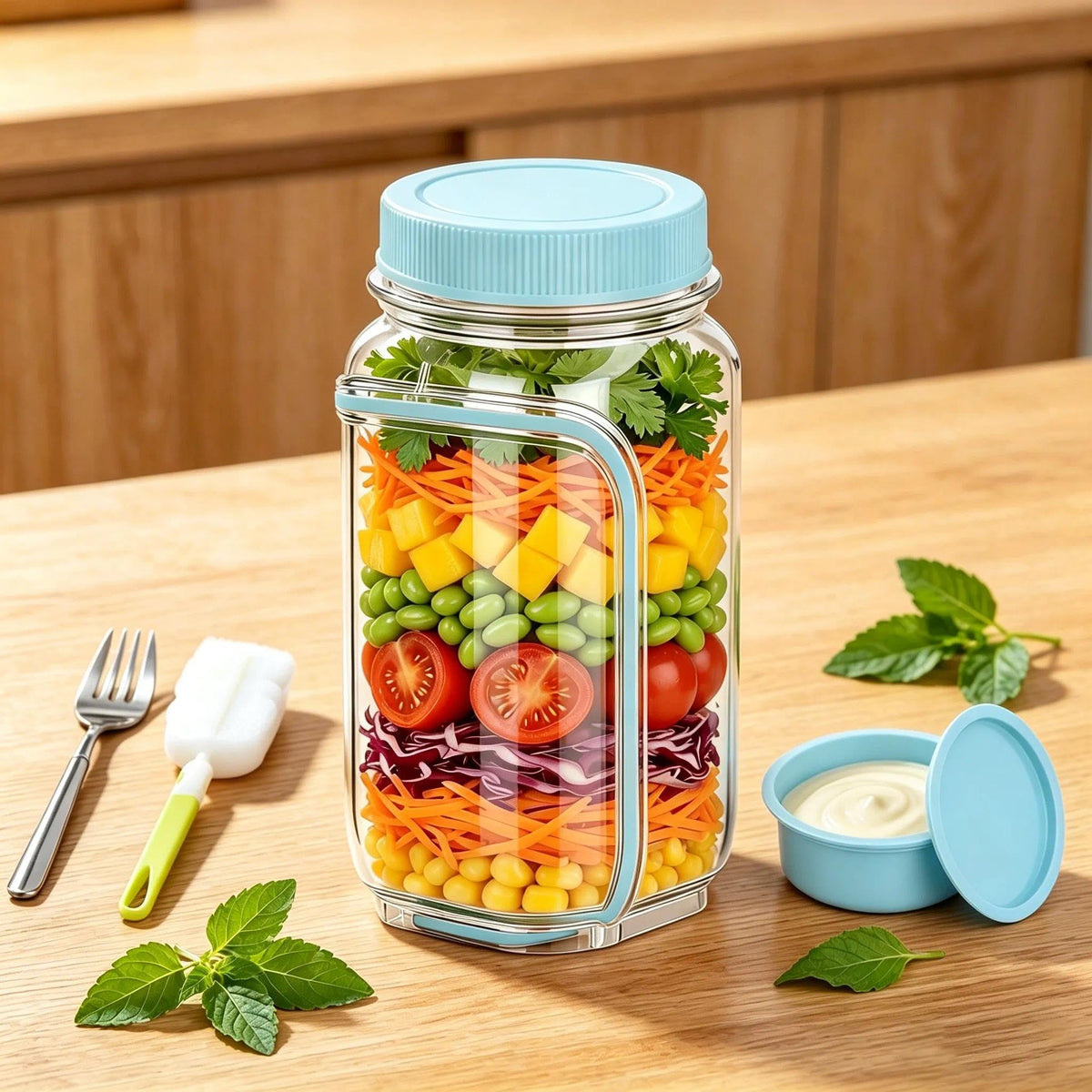 35oz Side Opening Mason Salad Jar | 1000ml Leakproof Portable Salad Container with Dressing Cup, Spoon & Brush | Ideal for Meal Prep, Gym, Office, Picnic & Travel (Red-Orange)