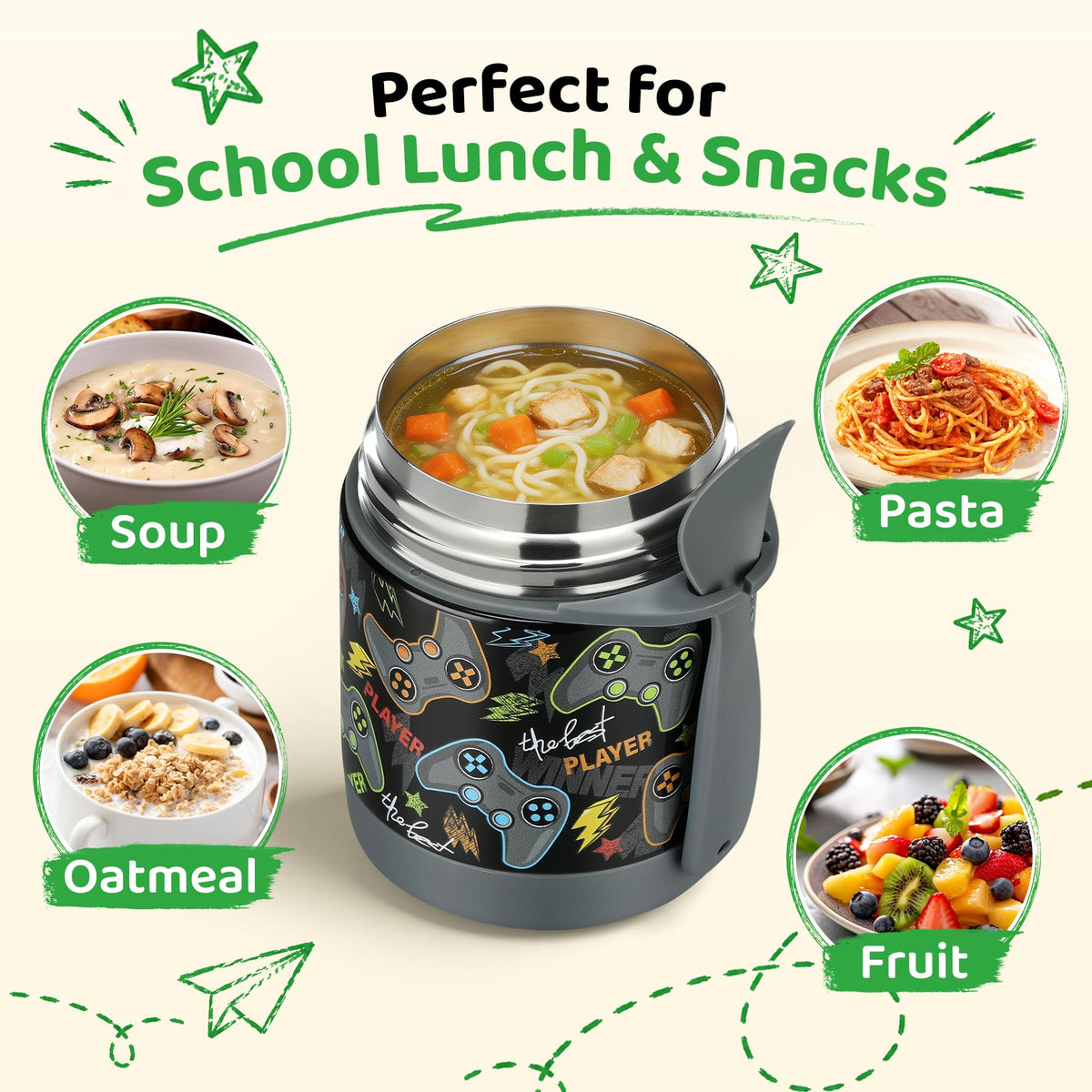 10oz Soup Thermo for Hot Food Kids Insulated Food Jar,Thermo Hot Food Lunch Container, Width Mouth Stainless Steel Lunch Box for Kids with Spoon (Black)
