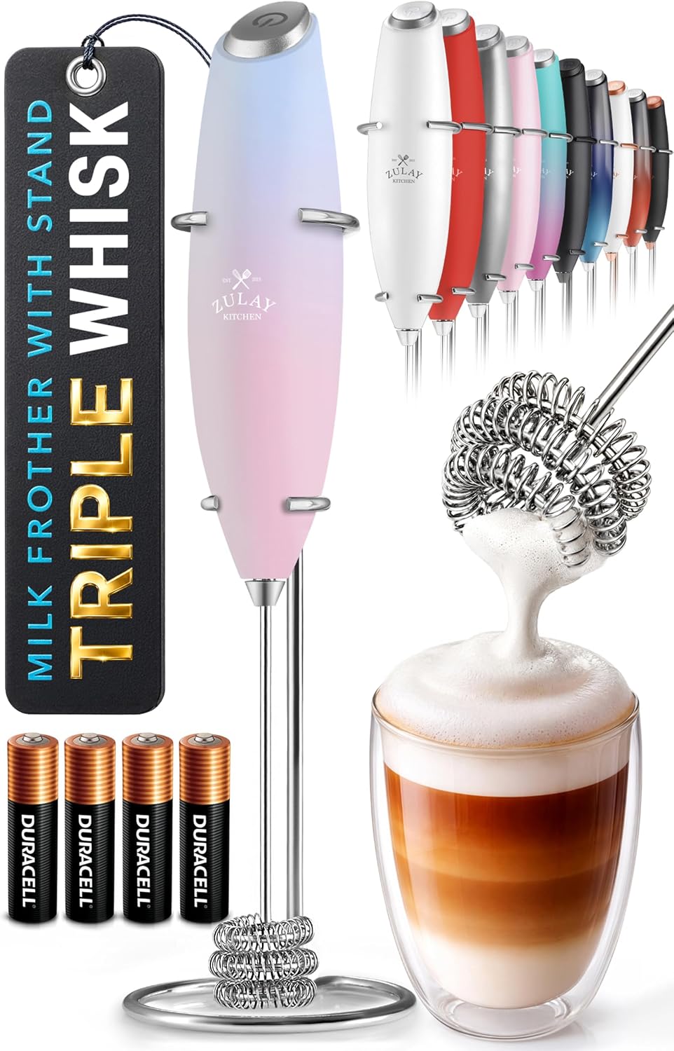 Zulay Kitchen Milk Frother Handheld Electric Whisk – Frother Wand, Durable Drink Mixer, Coffee Frother, Hand Blender, Frother for Protein Powder, Matcha & More - Black
