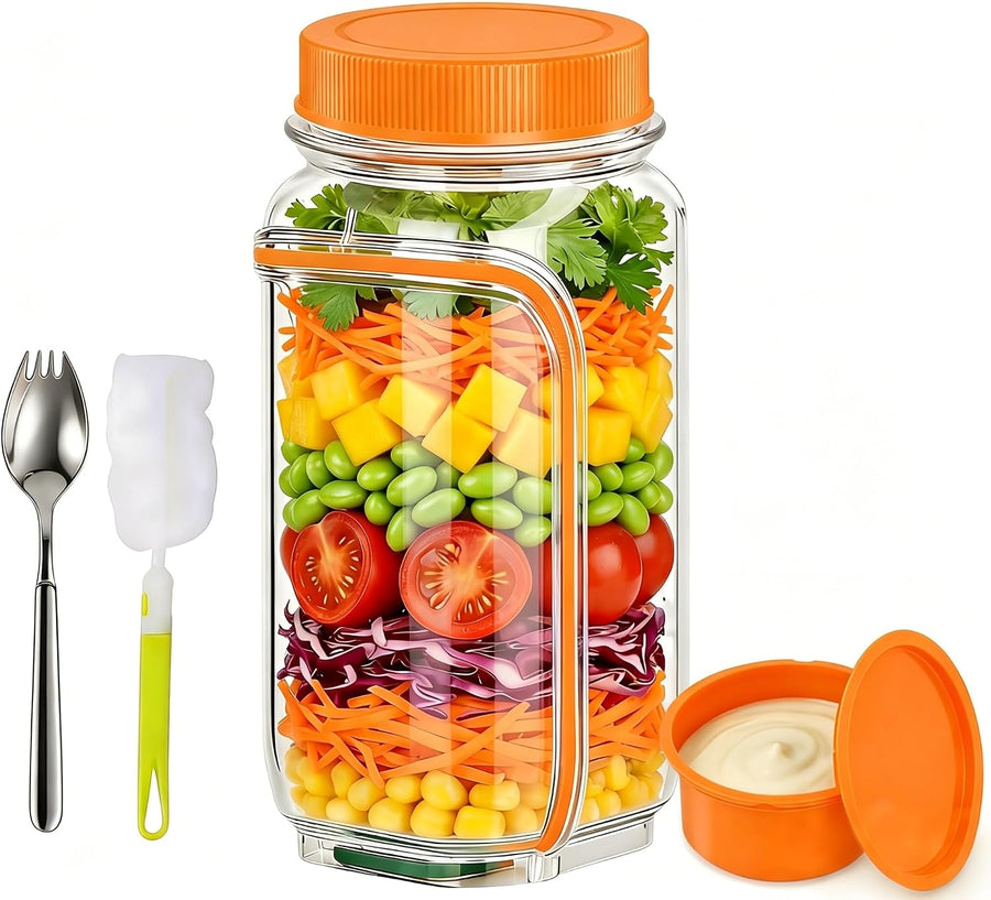 35oz Side Opening Mason Salad Jar | 1000ml Leakproof Portable Salad Container with Dressing Cup, Spoon & Brush | Ideal for Meal Prep, Gym, Office, Picnic & Travel (Red-Orange)