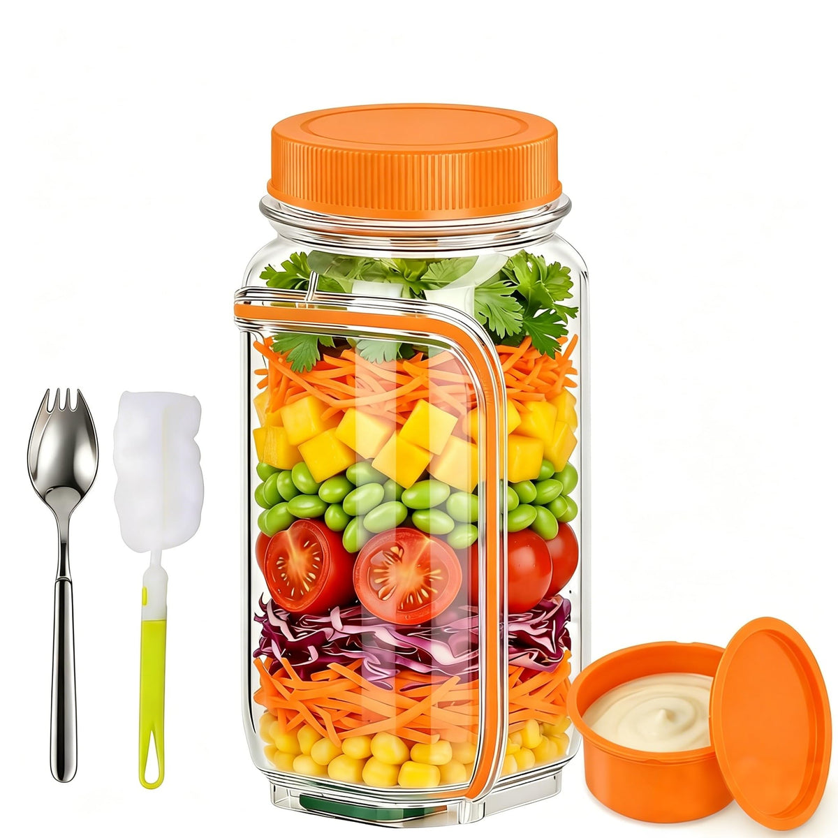 35oz Side Opening Mason Salad Jar | 1000ml Leakproof Portable Salad Container with Dressing Cup, Spoon & Brush | Ideal for Meal Prep, Gym, Office, Picnic & Travel (Red-Orange)