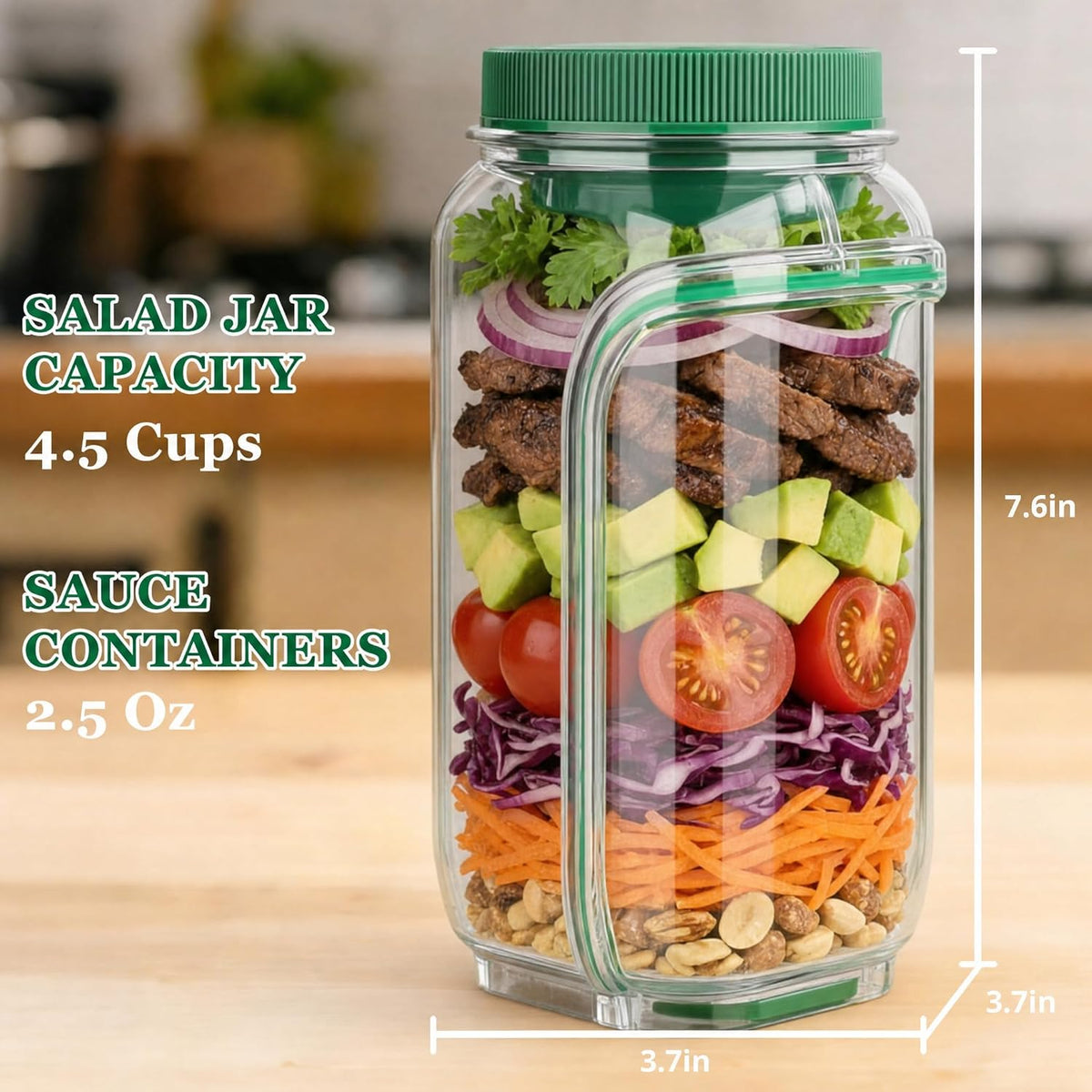 Large Salad Jar with Side Opening, 35oz Leakproof Salad Pod with Dressing Cup, Portable BPA-Free Container for On-the-Go Meal Prep,Office, Gym & Camping, Easy to Clean & Dishwasher Safe