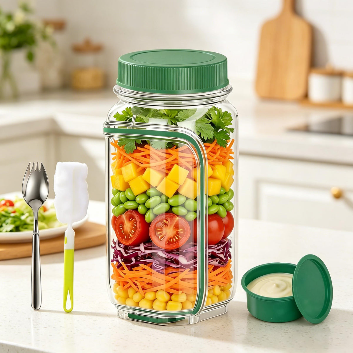 35oz Side Opening Mason Salad Jar | 1000ml Leakproof Portable Salad Container with Dressing Cup, Spoon & Brush | Ideal for Meal Prep, Gym, Office, Picnic & Travel (Red-Orange)