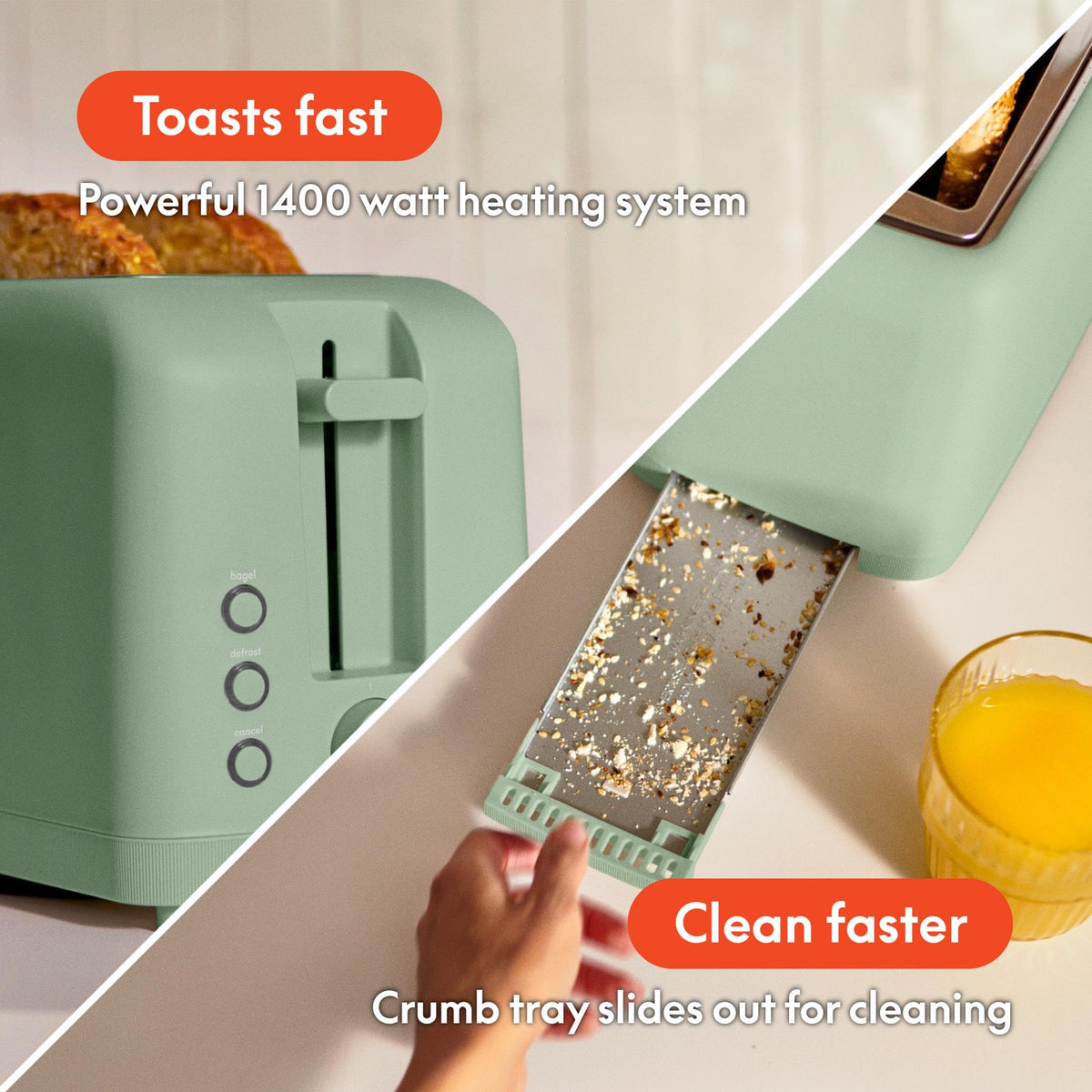 bella Fits-Anywhere™ 2-Slice Slim Toaster, Long Slot & Extra Wide, Oatmilk