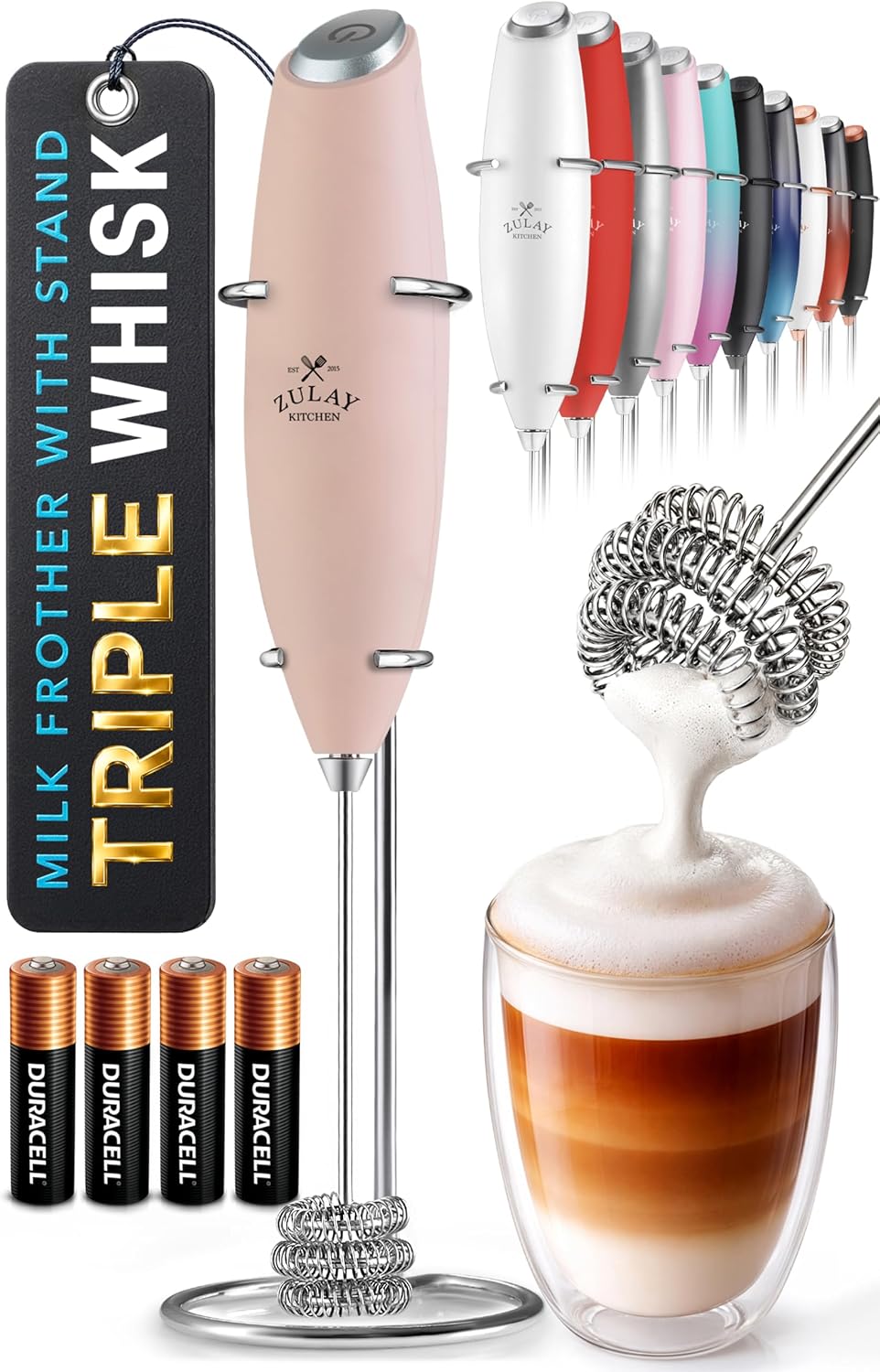 Zulay Kitchen Milk Frother Handheld Electric Whisk – Frother Wand, Durable Drink Mixer, Coffee Frother, Hand Blender, Frother for Protein Powder, Matcha & More - Black