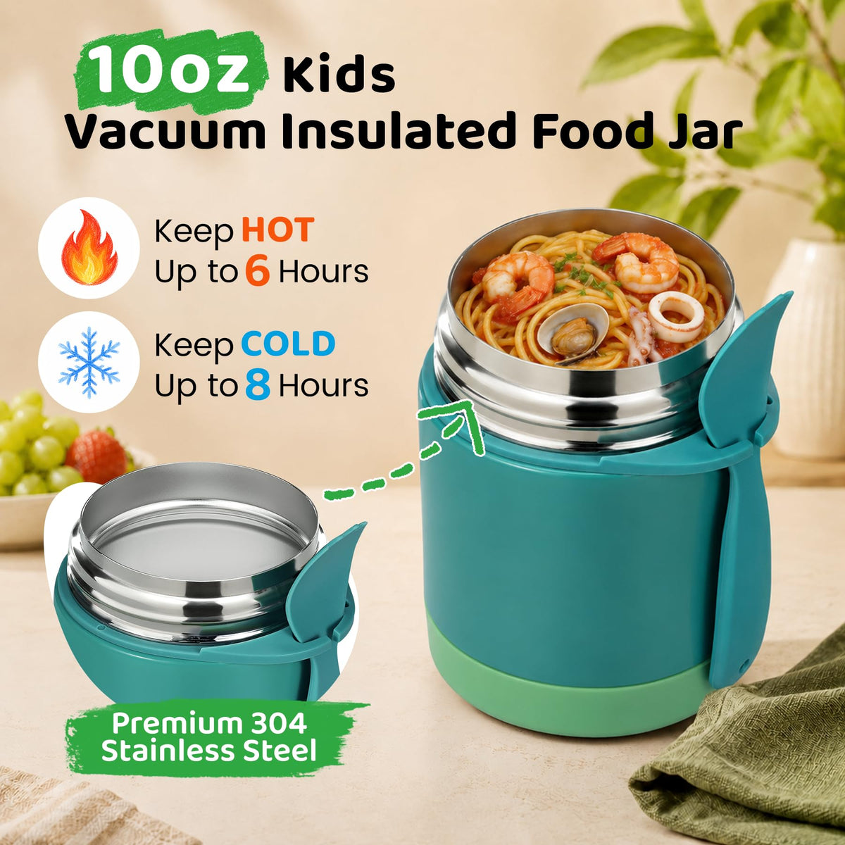 10oz Soup Thermo for Hot Food Kids Insulated Food Jar,Thermo Hot Food Lunch Container, Width Mouth Stainless Steel Lunch Box for Kids with Spoon (Black)