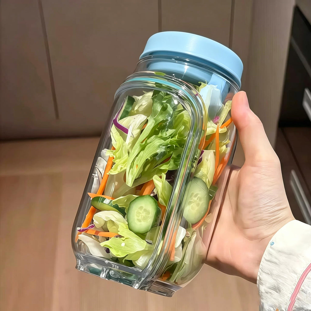 35oz Side Opening Mason Salad Jar | 1000ml Leakproof Portable Salad Container with Dressing Cup, Spoon & Brush | Ideal for Meal Prep, Gym, Office, Picnic & Travel (Red-Orange)