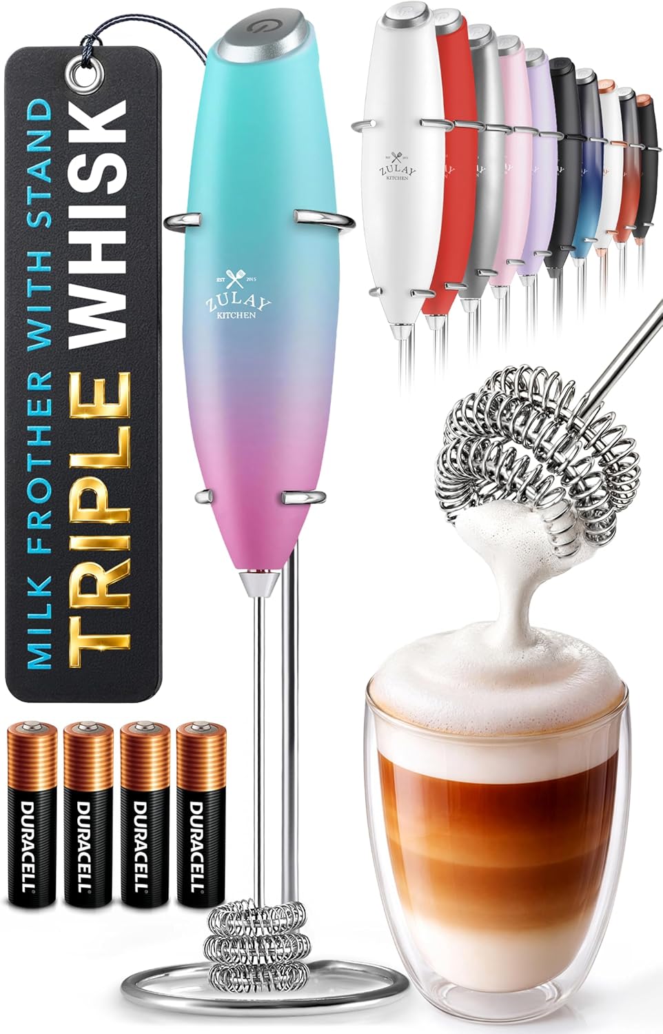 Zulay Kitchen Milk Frother Handheld Electric Whisk – Frother Wand, Durable Drink Mixer, Coffee Frother, Hand Blender, Frother for Protein Powder, Matcha & More - Black