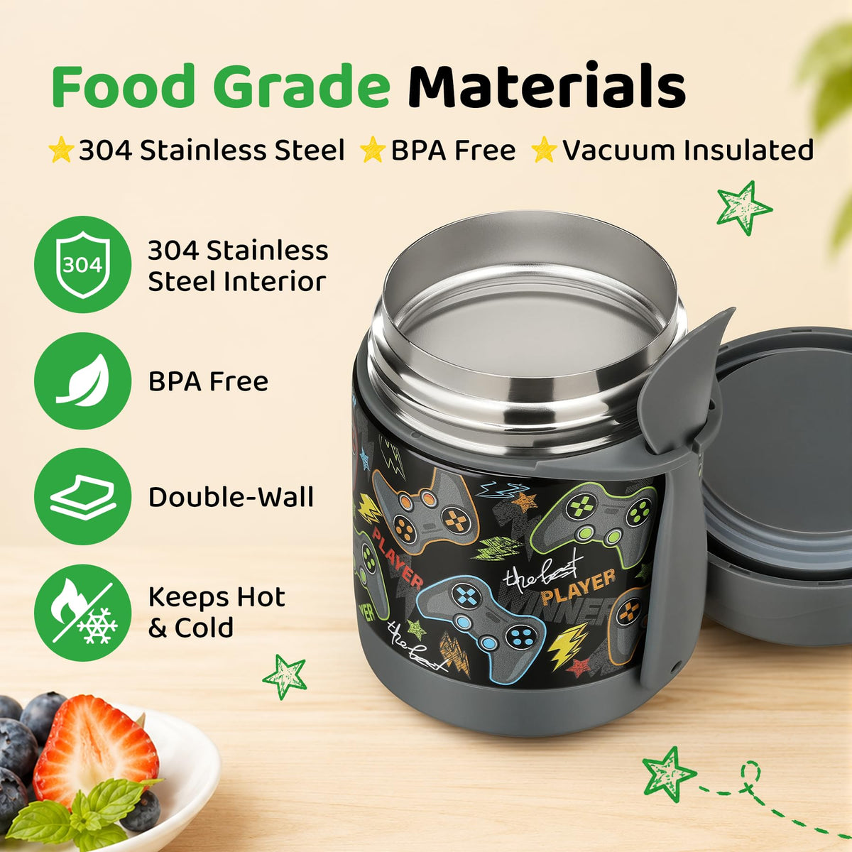 10oz Soup Thermo for Hot Food Kids Insulated Food Jar,Thermo Hot Food Lunch Container, Width Mouth Stainless Steel Lunch Box for Kids with Spoon (Black)