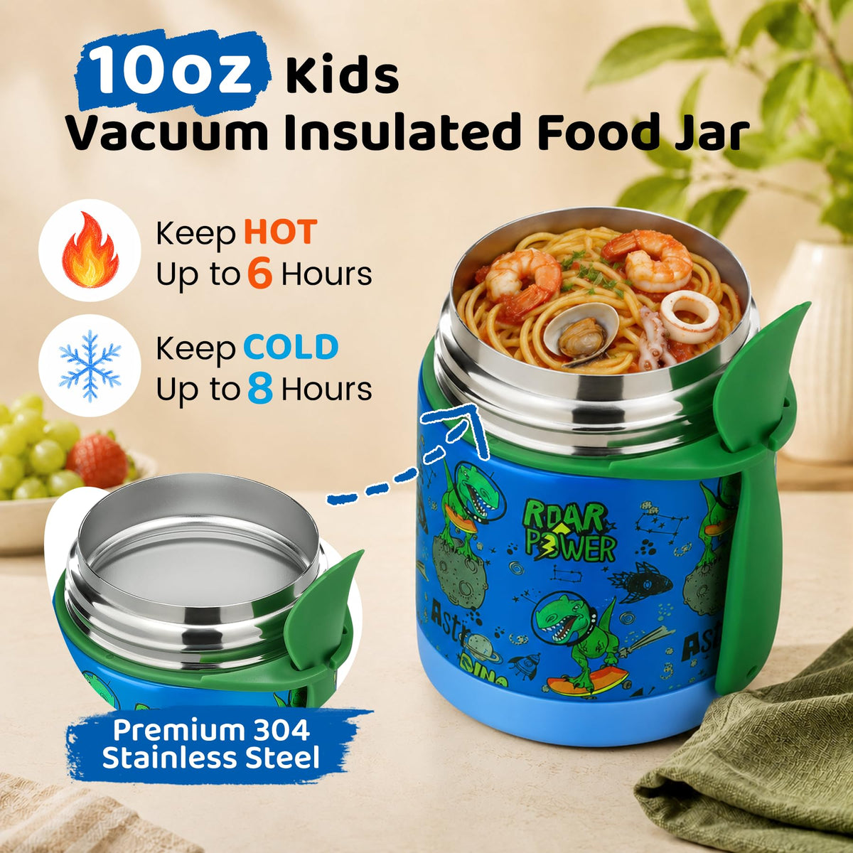 10oz Soup Thermo for Hot Food Kids Insulated Food Jar,Thermo Hot Food Lunch Container, Width Mouth Stainless Steel Lunch Box for Kids with Spoon (Black)