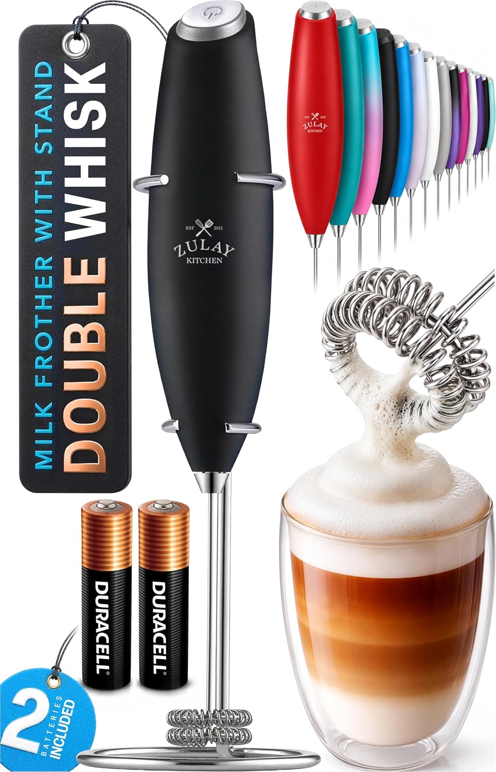 Zulay Kitchen Milk Frother Handheld Electric Whisk – Frother Wand, Durable Drink Mixer, Coffee Frother, Hand Blender, Frother for Protein Powder, Matcha & More - Black