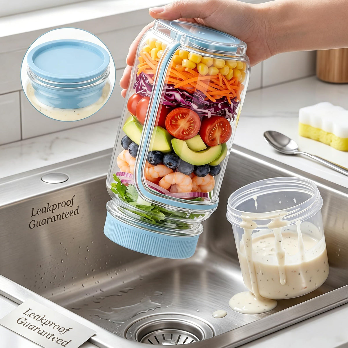 35oz Side Opening Mason Salad Jar | 1000ml Leakproof Portable Salad Container with Dressing Cup, Spoon & Brush | Ideal for Meal Prep, Gym, Office, Picnic & Travel (Red-Orange)