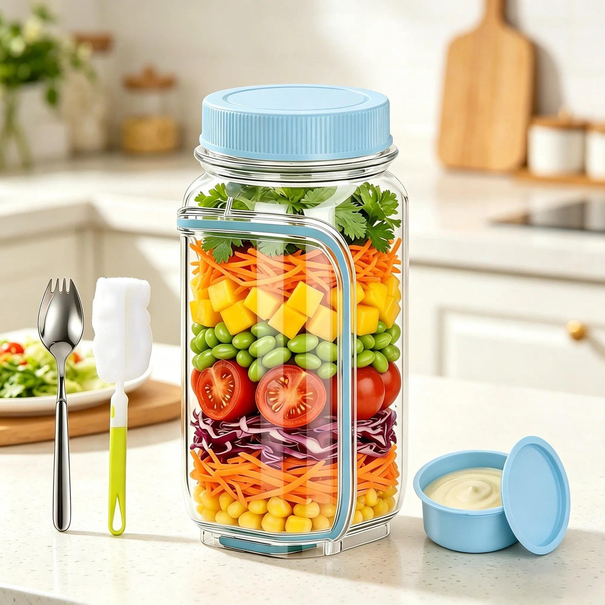 35oz Side Opening Mason Salad Jar | 1000ml Leakproof Portable Salad Container with Dressing Cup, Spoon & Brush | Ideal for Meal Prep, Gym, Office, Picnic & Travel (Red-Orange)