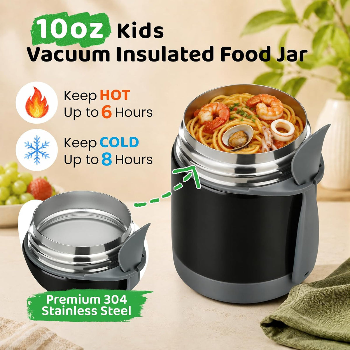 10oz Soup Thermo for Hot Food Kids Insulated Food Jar,Thermo Hot Food Lunch Container, Width Mouth Stainless Steel Lunch Box for Kids with Spoon (Black)