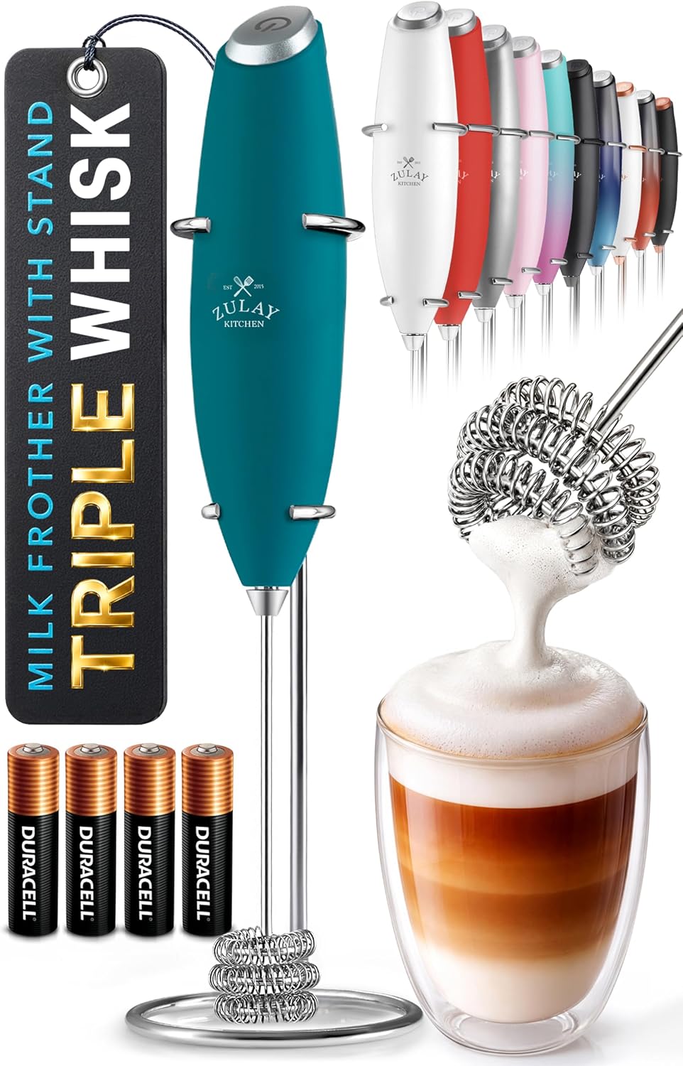 Zulay Kitchen Milk Frother Handheld Electric Whisk – Frother Wand, Durable Drink Mixer, Coffee Frother, Hand Blender, Frother for Protein Powder, Matcha & More - Black