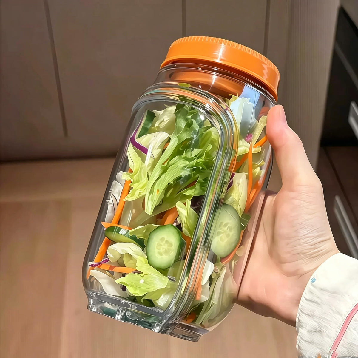 35oz Side Opening Mason Salad Jar | 1000ml Leakproof Portable Salad Container with Dressing Cup, Spoon & Brush | Ideal for Meal Prep, Gym, Office, Picnic & Travel (Red-Orange)
