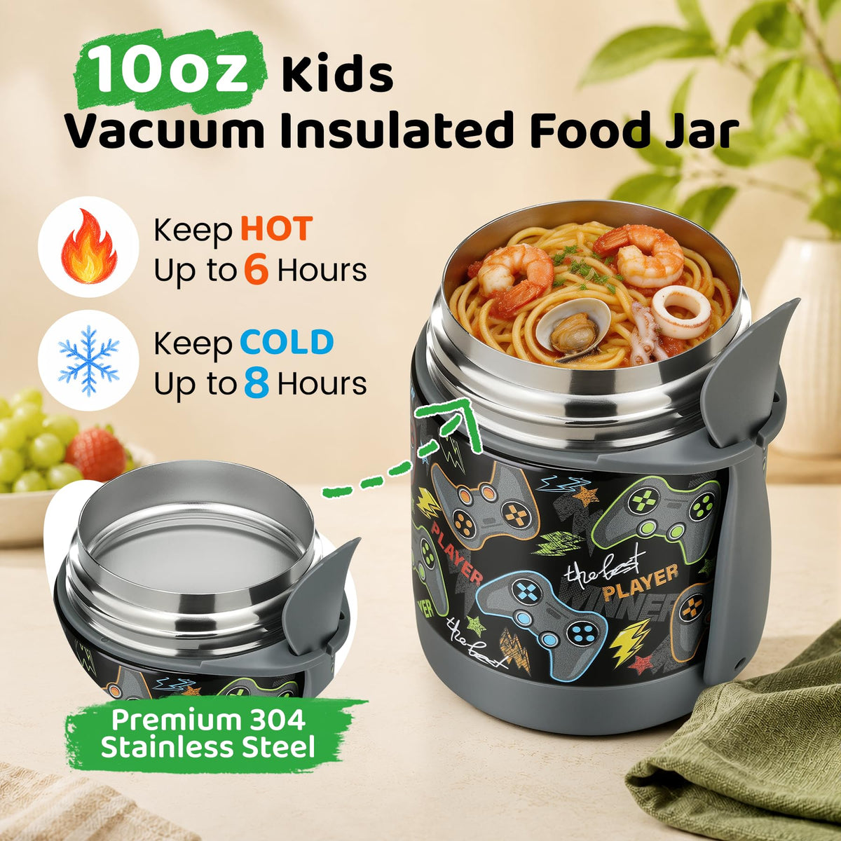 10oz Soup Thermo for Hot Food Kids Insulated Food Jar,Thermo Hot Food Lunch Container, Width Mouth Stainless Steel Lunch Box for Kids with Spoon (Black)